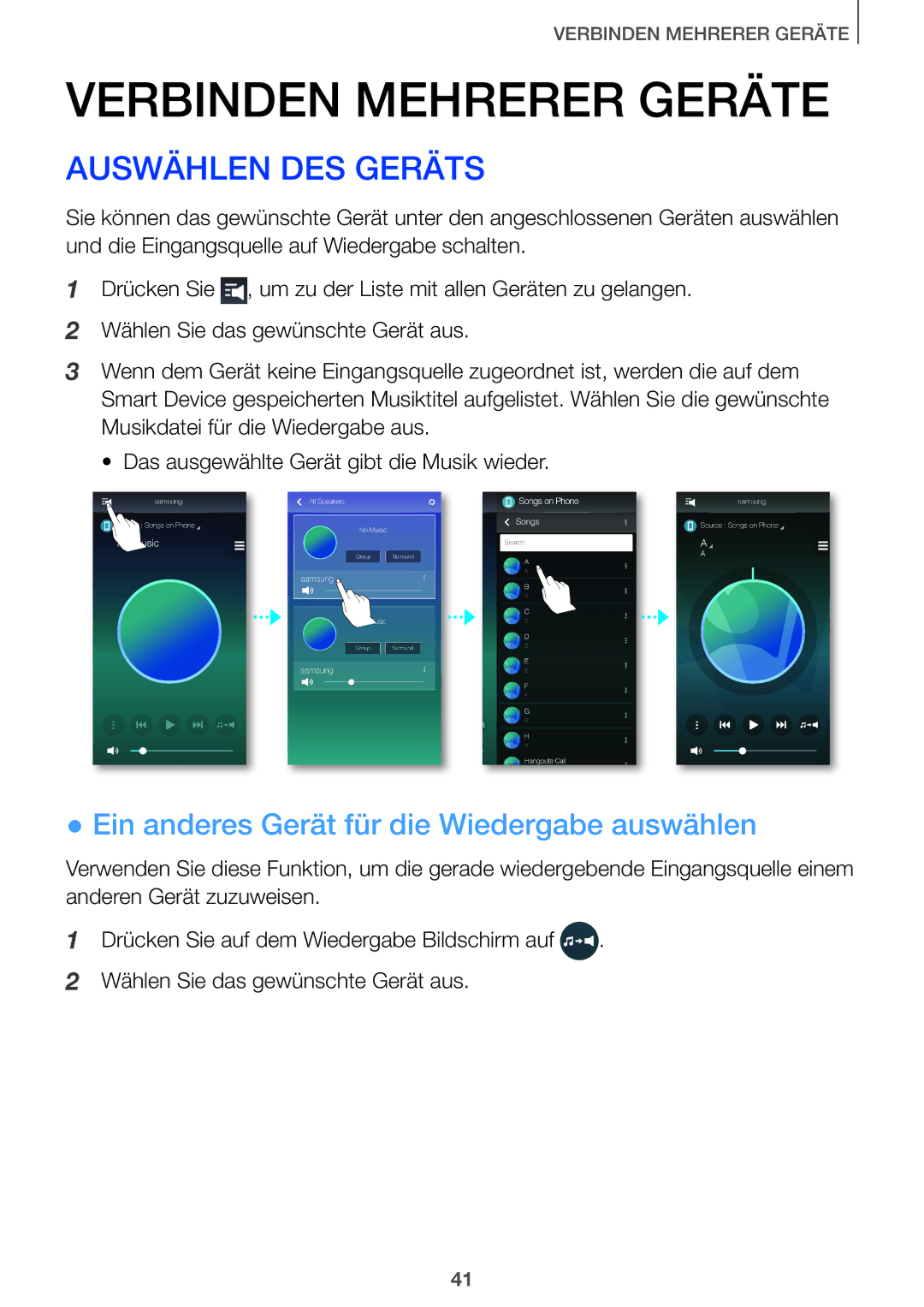 Samsung HW-J8501/EN, HW-J7500/EN, HW-J7501/EN manual Auswählen DES Geräts, Ein anderes Gerät für die Wiedergabe auswählen 