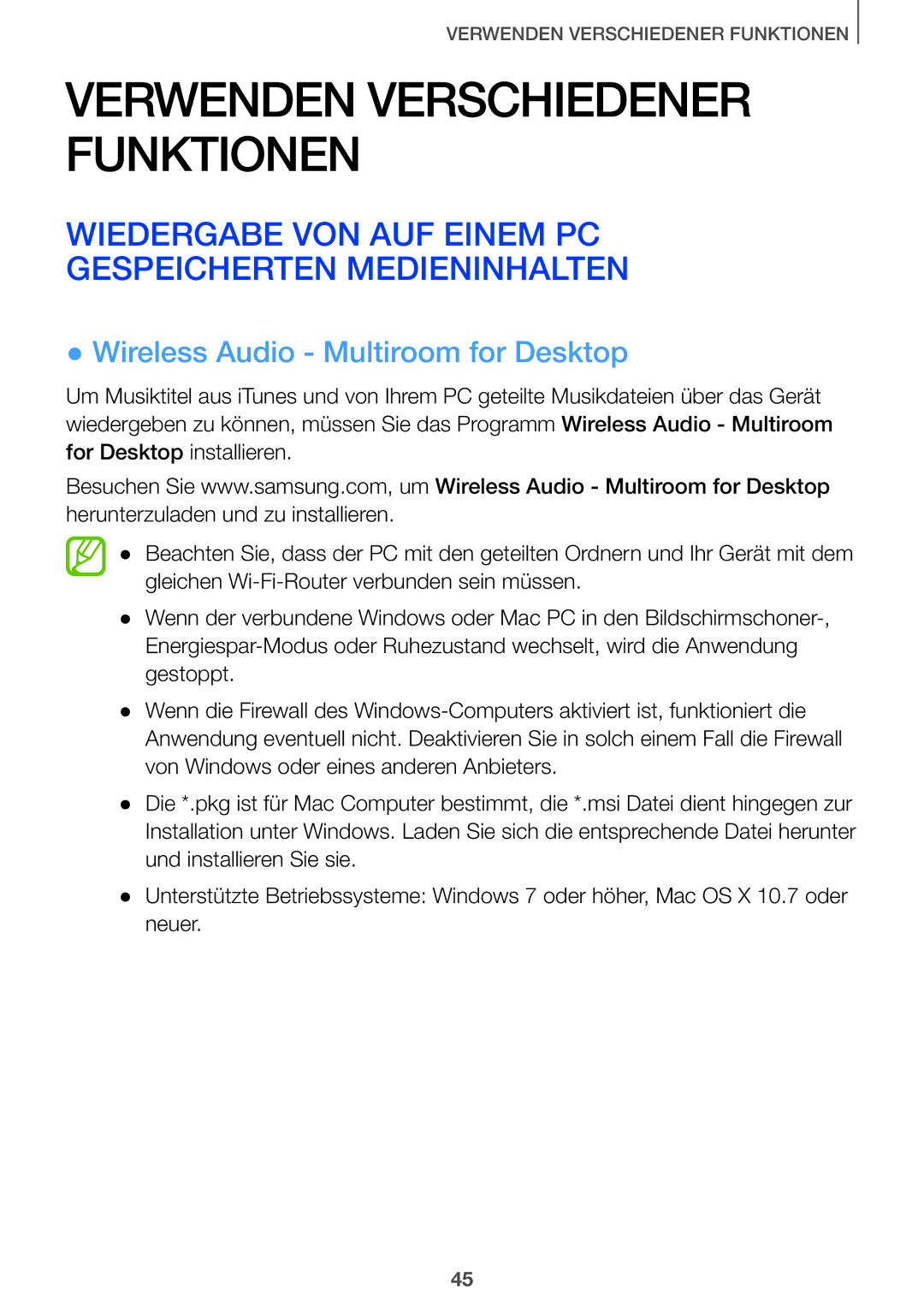 Samsung HW-J8501/EN manual Wiedergabe VON AUF Einem PC Gespeicherten Medieninhalten, Wireless Audio Multiroom for Desktop 