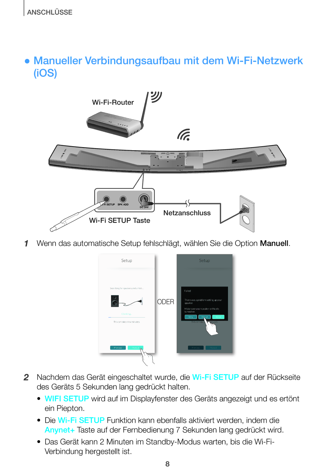 Samsung HW-J7500/EN, HW-J8501/EN, HW-J7501/EN, HW-J8500/EN manual Manueller Verbindungsaufbau mit dem Wi-Fi-Netzwerk iOS 