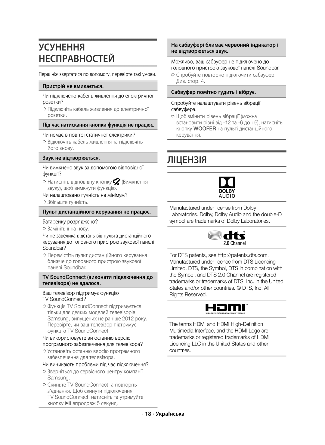 Samsung HW-J7500R/RU manual Усунення Несправностей, Ліцензія, Чи налаштовано гучність на мінімум? 