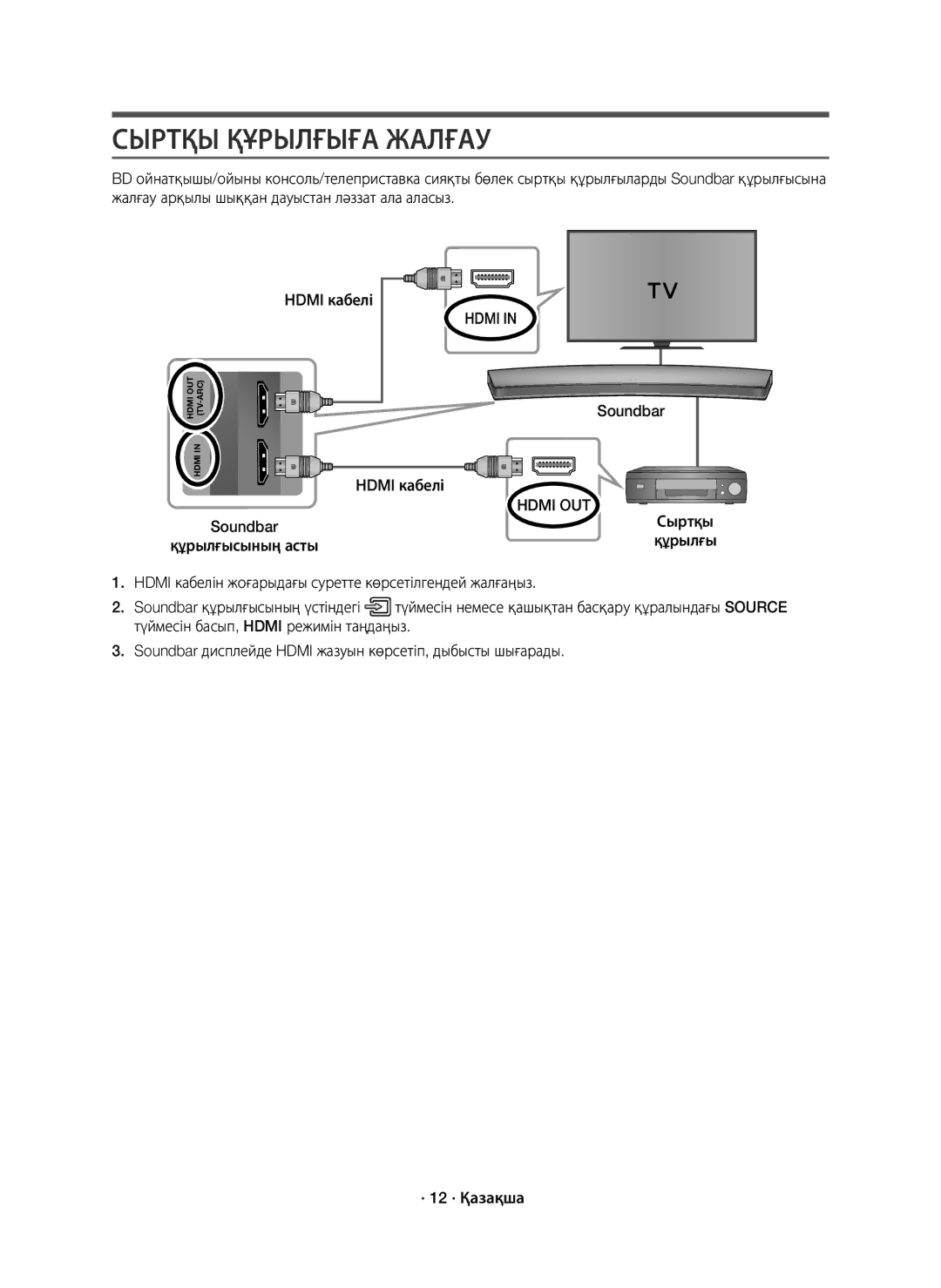 Samsung HW-J7500R/RU manual Сыртқы Құрылғыға Жалғау, Soundbar Hdmi кабелі 