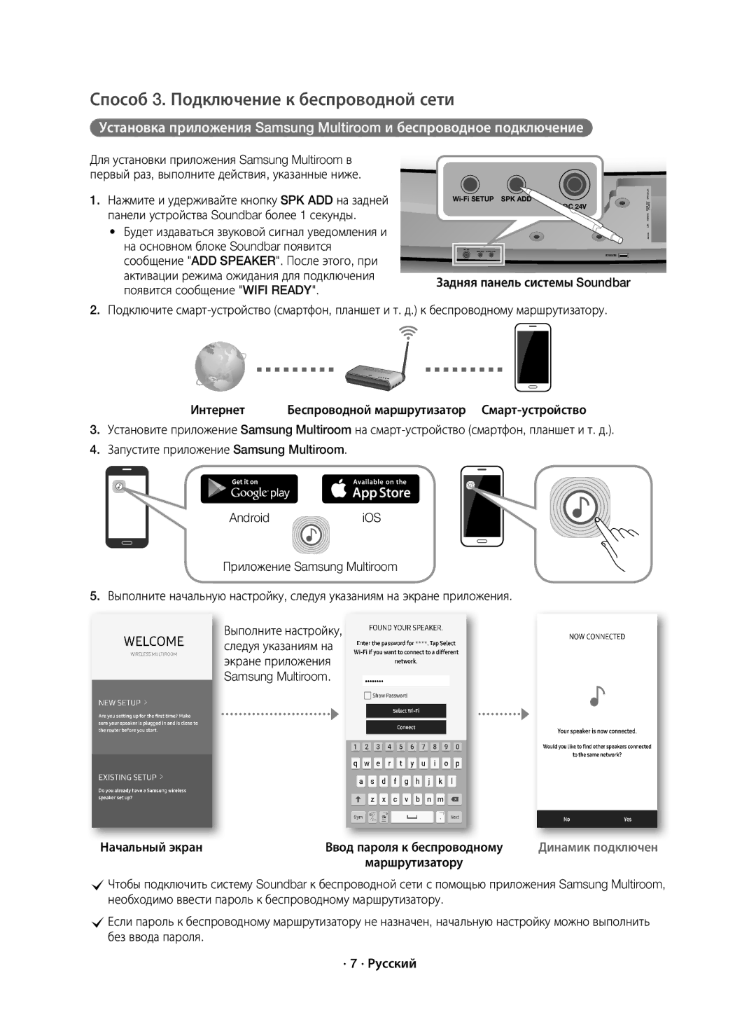 Samsung HW-J7500R/RU manual Способ 3. Подключение к беспроводной сети, Задняя панель системы Soundbar, Начальный экран 