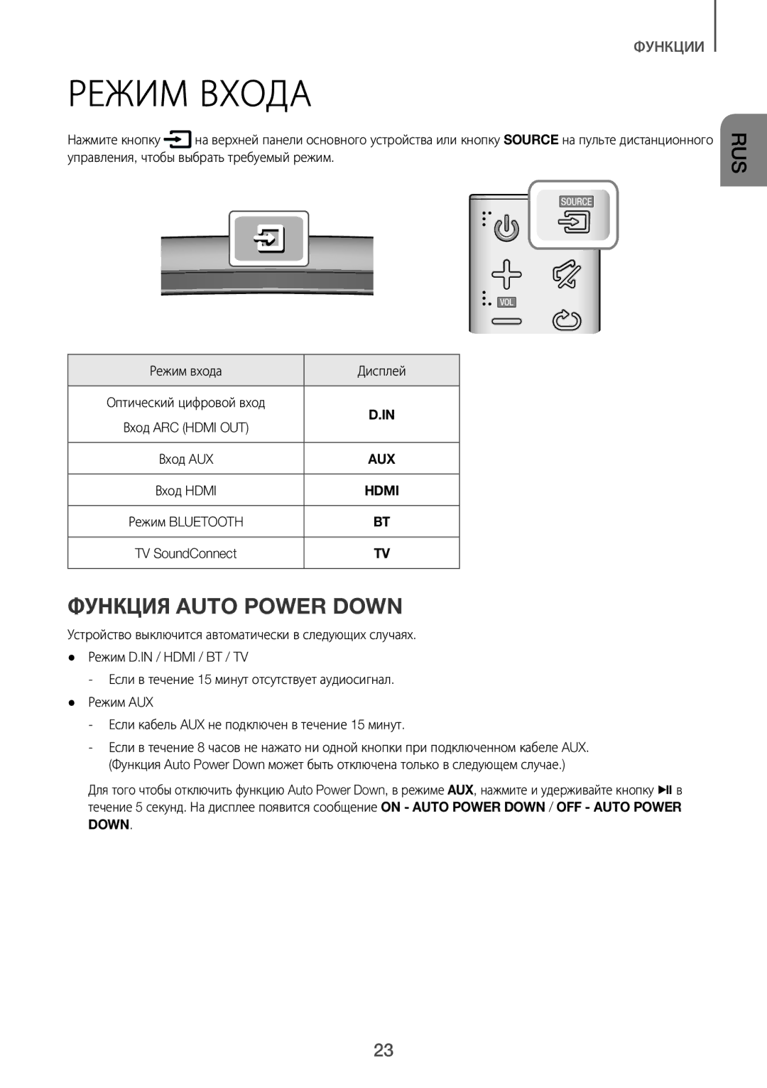 Samsung HW-J7500R/RU manual Режим Входа, Функция Auto Power Down, Режим входа Дисплей 