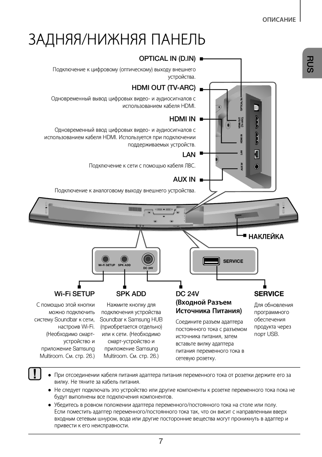 Samsung HW-J7500R/RU manual ЗАДНЯЯ/НИЖНЯЯ Панель 