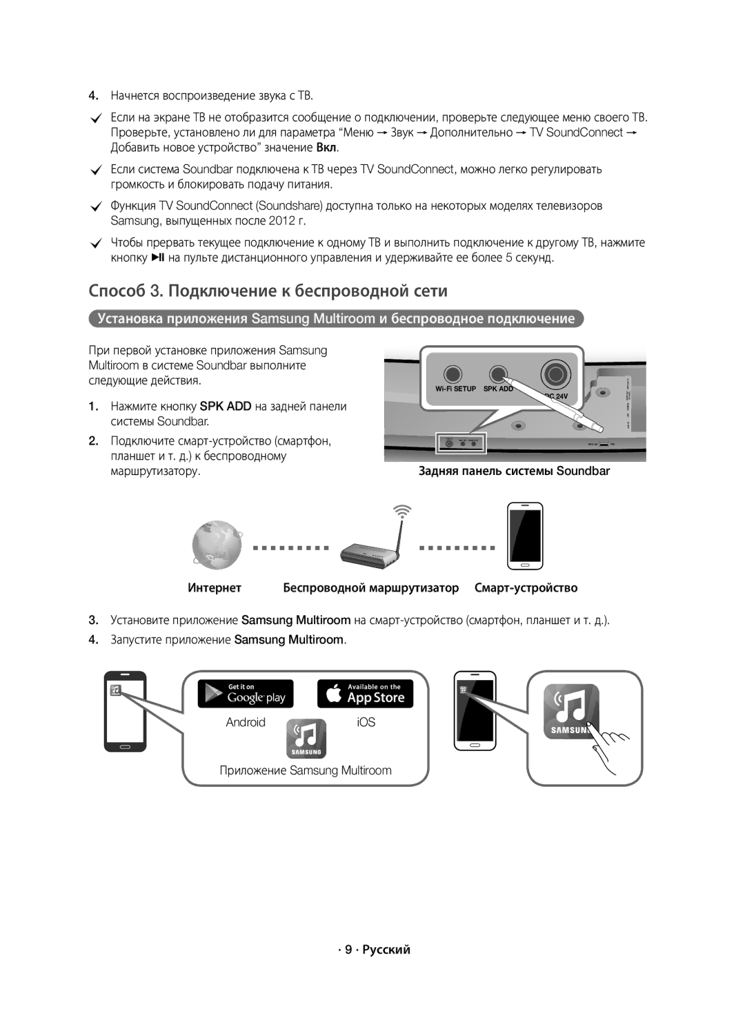 Samsung HW-J7500/RU manual Способ 3. Подключение к беспроводной сети, Задняя панель системы Soundbar, Интернет 