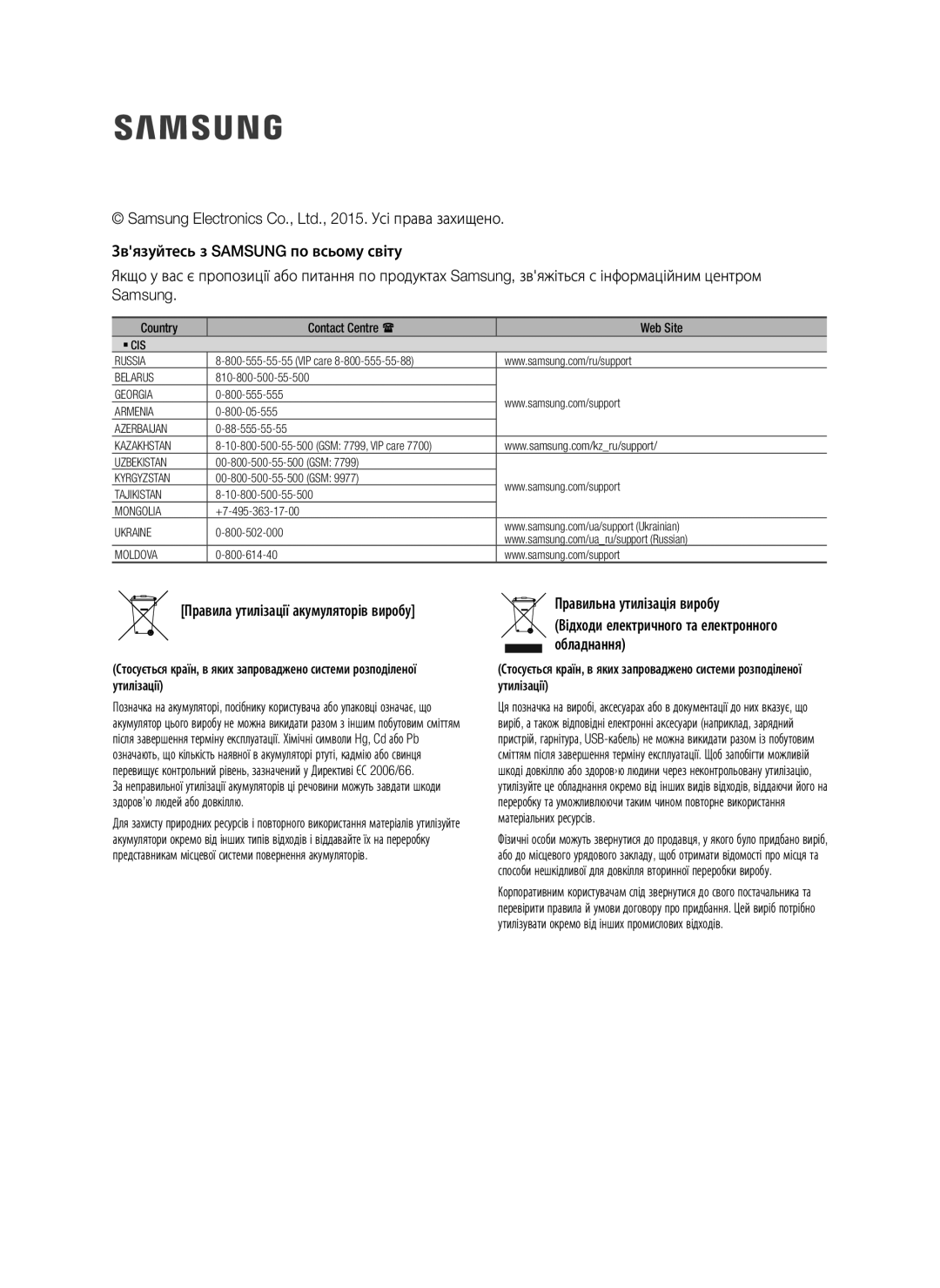Samsung HW-J7500/RU manual Правила утилізації акумуляторів виробу 