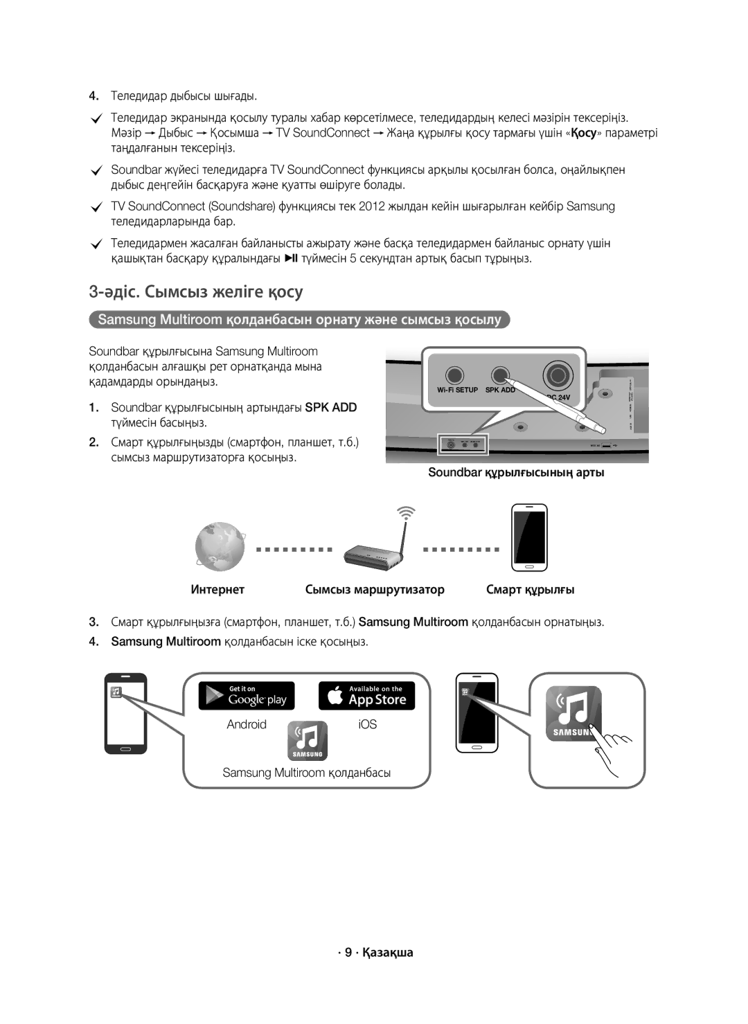 Samsung HW-J7500/RU manual Әдіс. Сымсыз желіге қосу, Soundbar құрылғысының артындағы SPK ADD түймесін басыңыз 