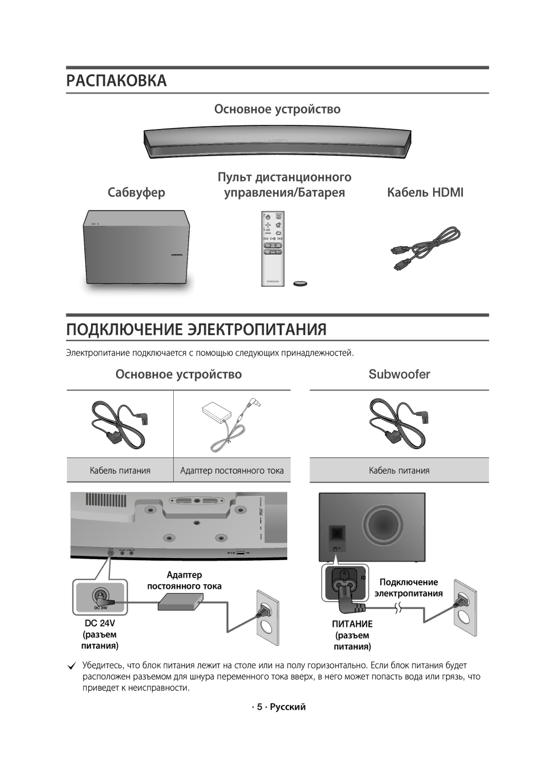 Samsung HW-J7500/RU manual Распаковка, Подключение Электропитания, Основное устройство Сабвуфер, Subwoofer 