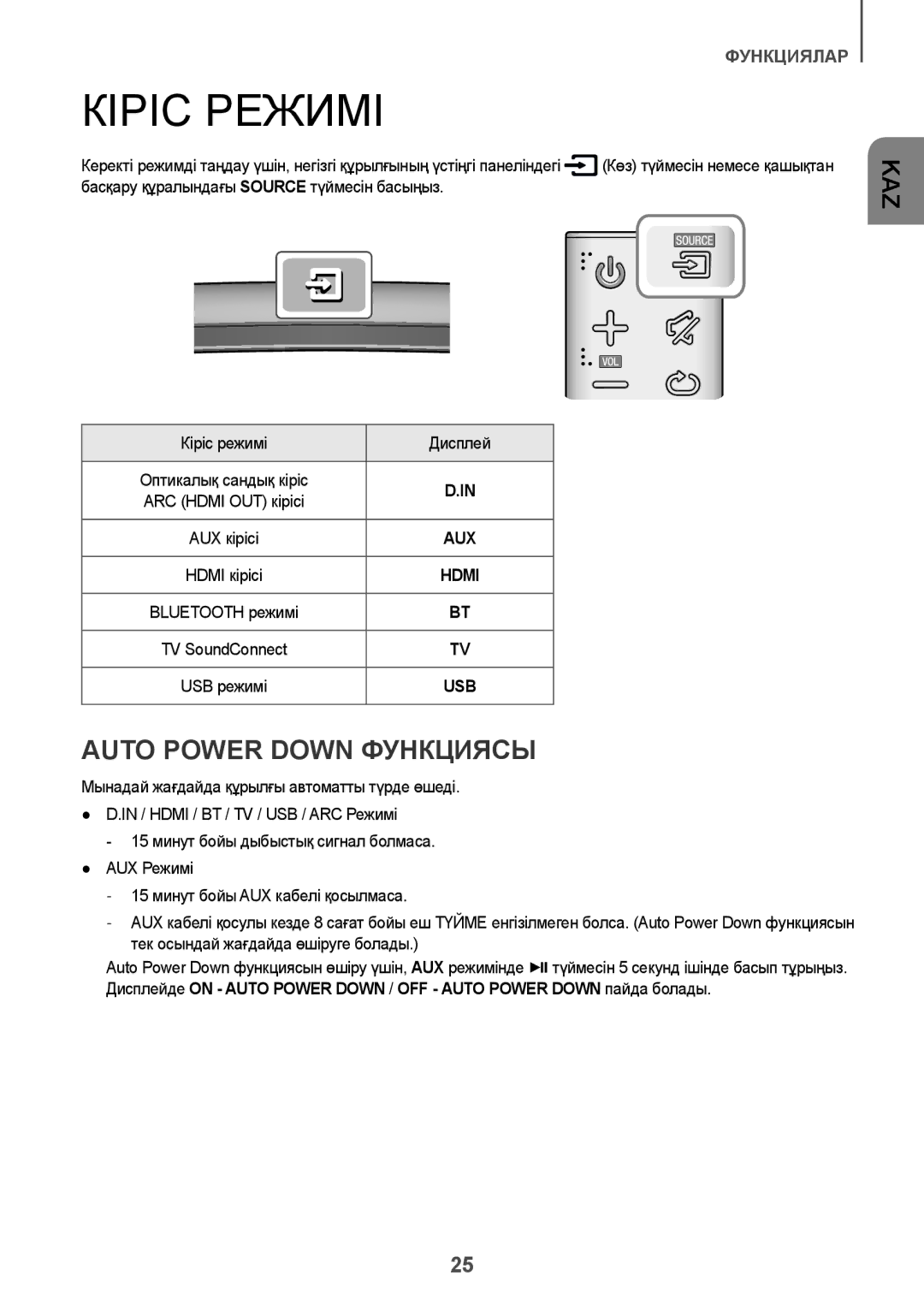 Samsung HW-J7500/RU manual Кіріс Режимі, Auto Power Down Функциясы, Кіріс режимі Дисплей 