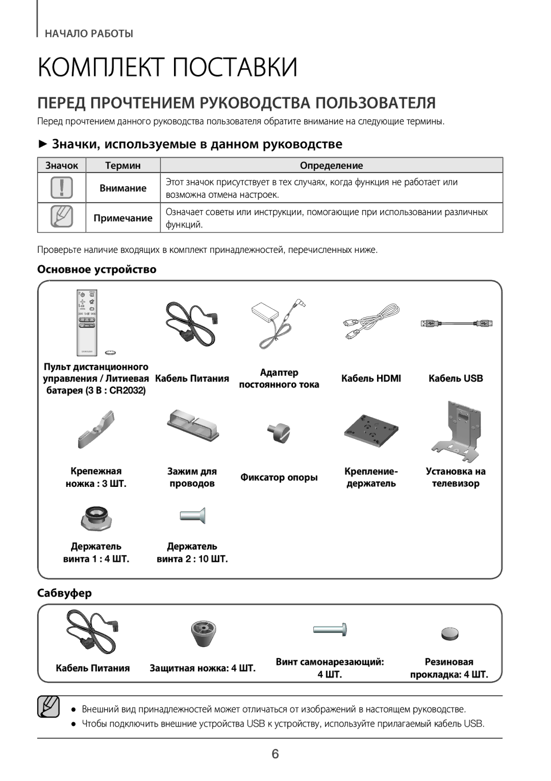 Samsung HW-J7500/RU manual Комплект Поставки, Перед Прочтением Руководства Пользователя, Основное устройство, Сабвуфер 