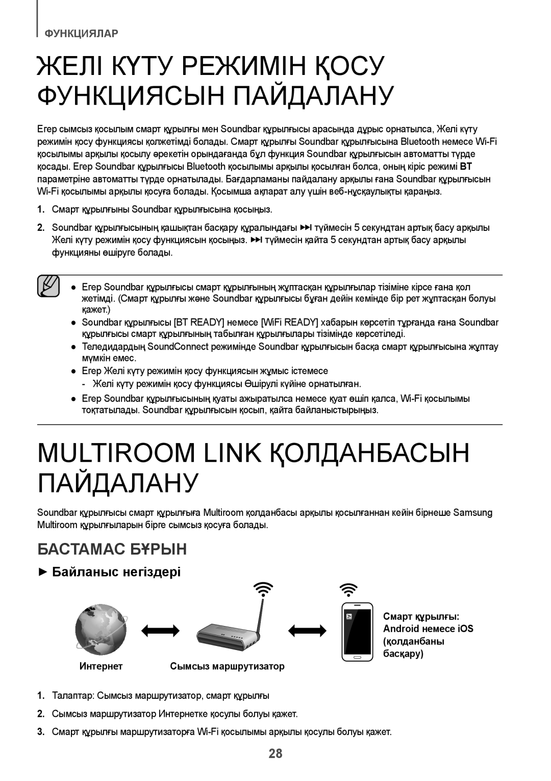 Samsung HW-J7500/RU Желі Күту Режимін Қосу Функциясын Пайдалану, Multiroom Link Қолданбасын Пайдалану, Бастамас Бұрын 