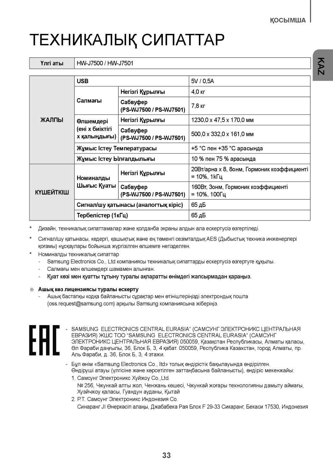 Samsung HW-J7500/RU manual Техникалық Сипаттар, Usb 