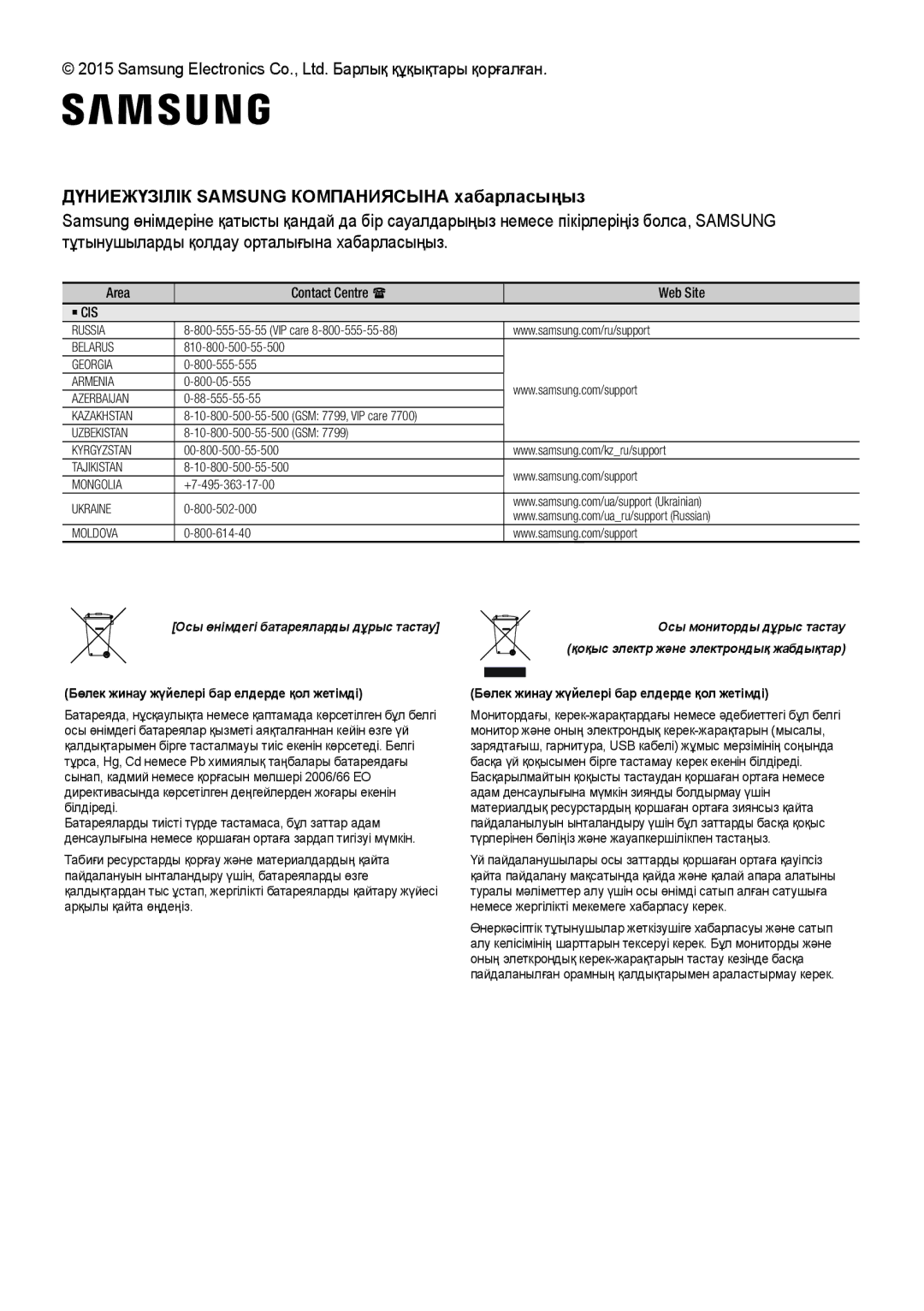 Samsung HW-J7500/RU manual Дүниежүзілік Samsung Компаниясына хабарласыңыз, Бөлек жинау жүйелері бар елдерде қол жетімді 