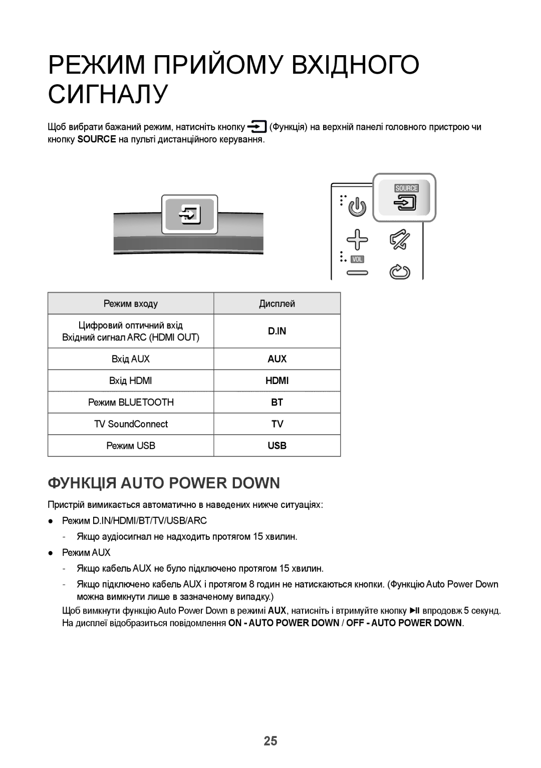 Samsung HW-J7500/RU manual Режим Прийому Вхідного Сигналу, Функція Auto Power Down, Режим входу Дисплей 