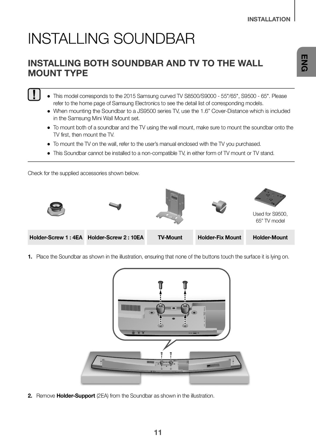 Samsung HW-J7501/EN manual Installing Soundbar, Installing Both Soundbar and TV to the Wall Mount Type, Holder-Fix Mount 