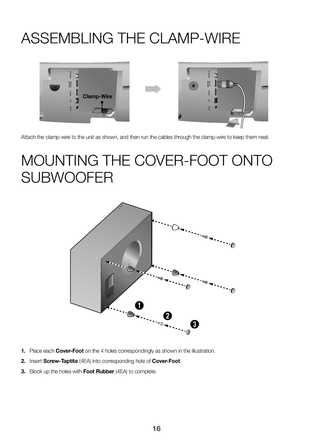 Samsung HW-J7501/EN manual Assembling the CLAMP-WIRE, Mounting the COVER-FOOT Onto Subwoofer, Clamp-Wire 