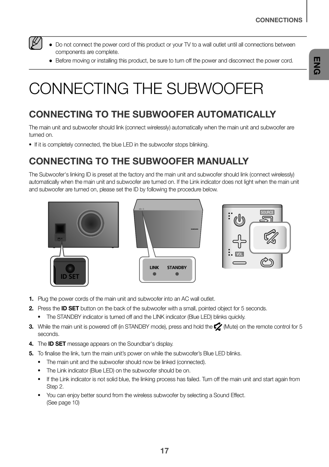 Samsung HW-J7501/EN manual Connecting the Subwoofer, Connecting to the Subwoofer Automatically 