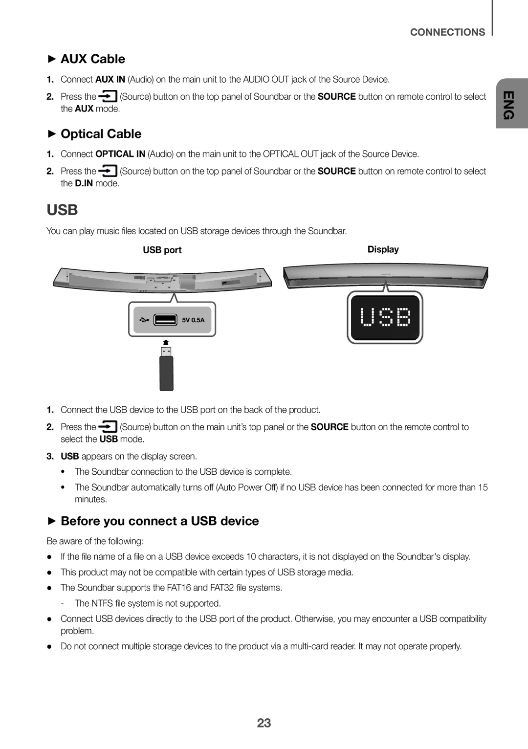 Samsung HW-J7501/EN manual Usb, ++AUX Cable, ++Optical Cable, ++Before you connect a USB device, USB port 