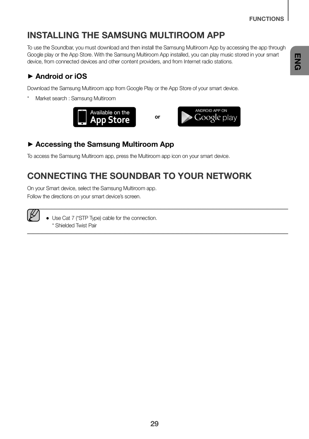 Samsung HW-J7501/EN manual Installing the Samsung Multiroom APP, Connecting the Soundbar to Your Network, ++Android or iOS 