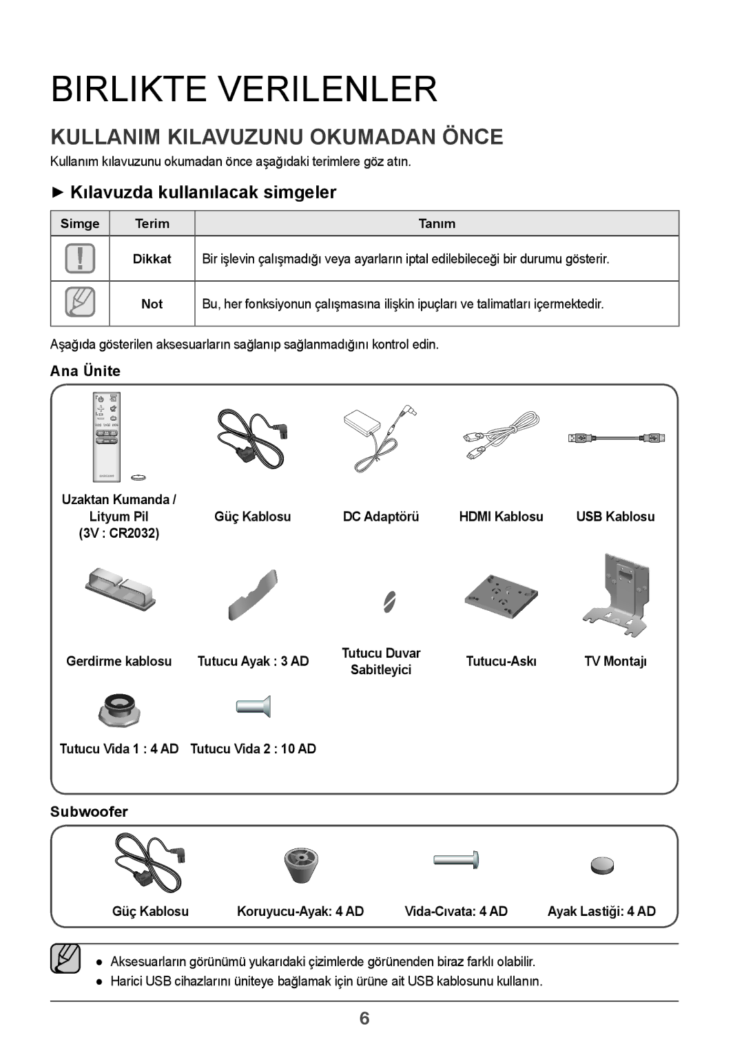 Samsung HW-J7501/EN manual Birlikte Verilenler, Kullanim Kilavuzunu Okumadan Önce, ++Kılavuzda kullanılacak simgeler 