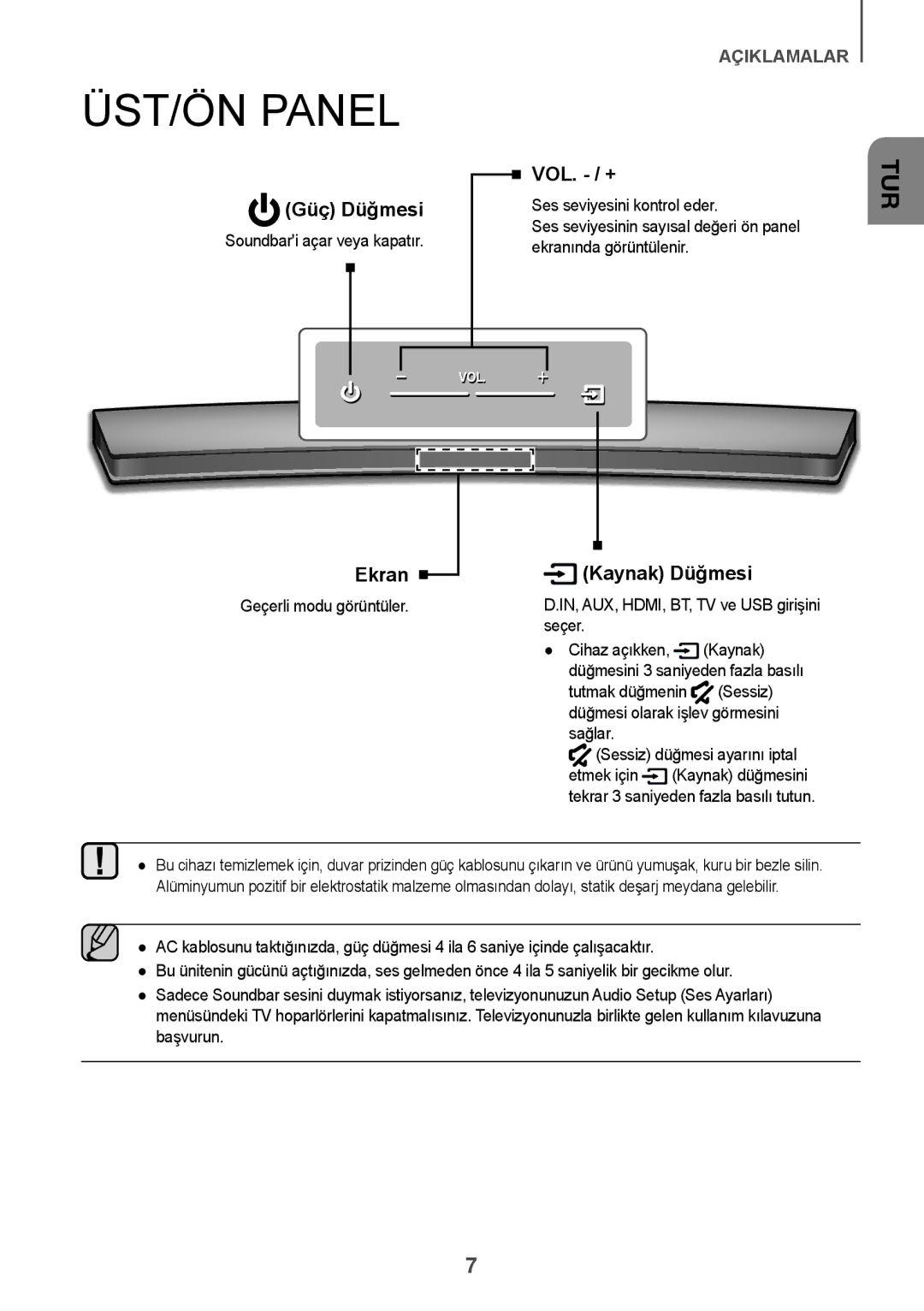 Samsung HW-J7501/EN manual ÜST/ÖN Panel, Soundbari açar veya kapatır, Geçerli modu görüntüler 