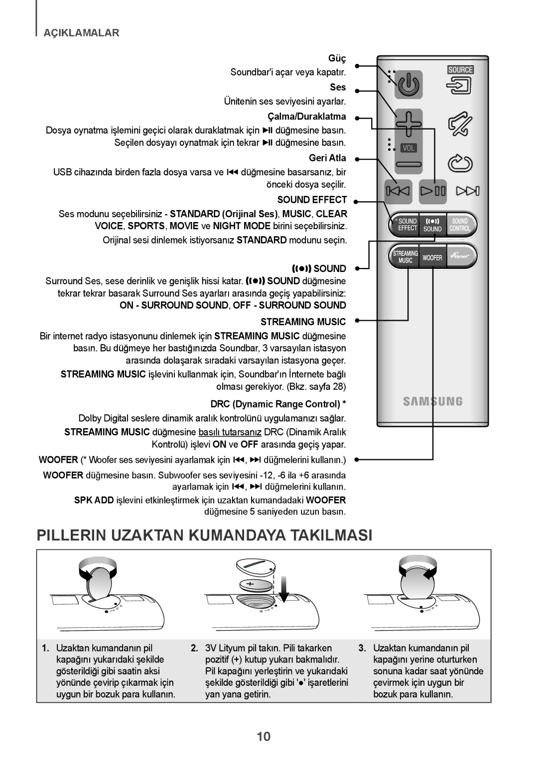 Samsung HW-J7501/EN manual Pillerin Uzaktan Kumandaya Takilmasi 