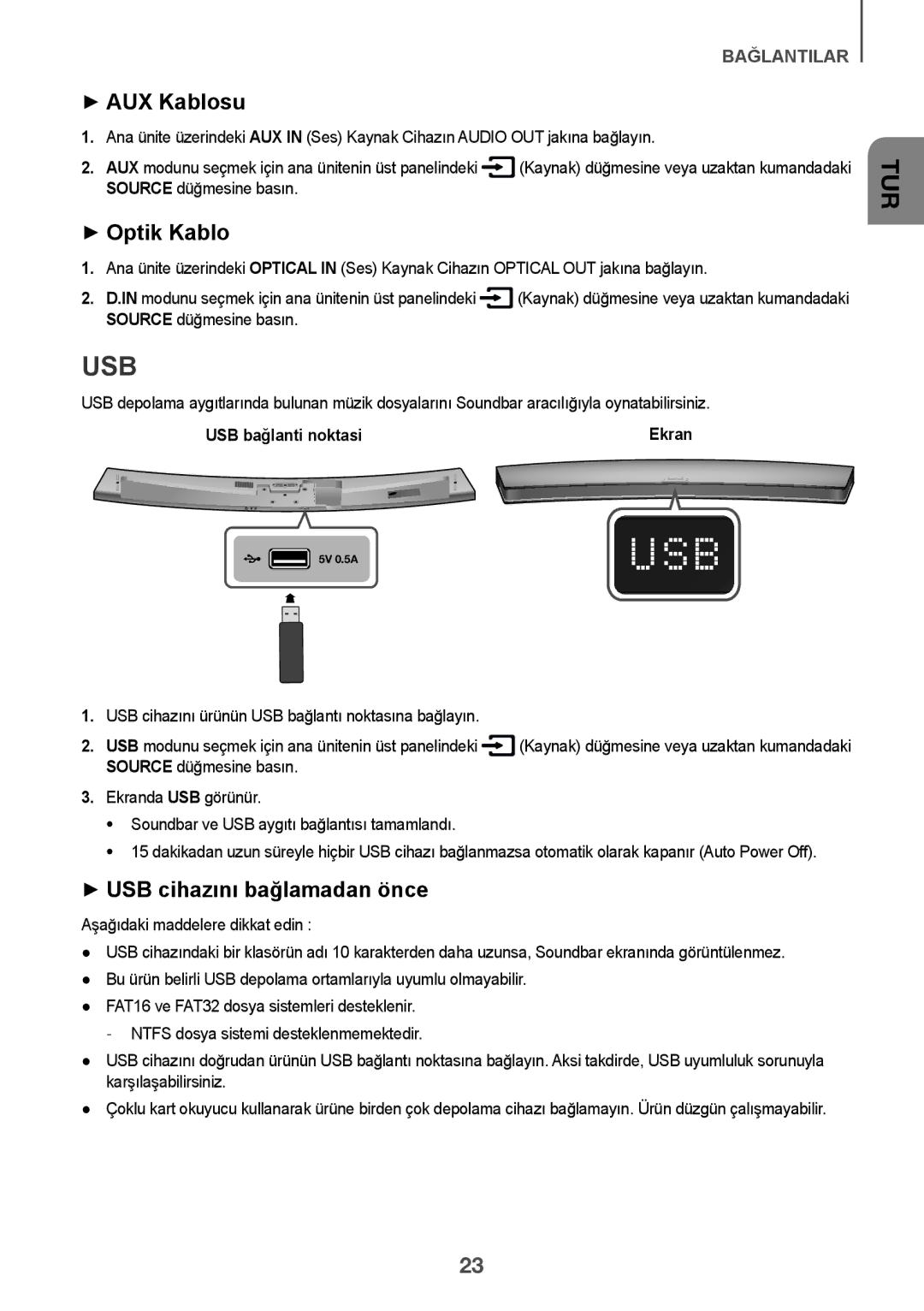 Samsung HW-J7501/EN manual ++AUX Kablosu, ++Optik Kablo, ++USB cihazını bağlamadan önce, USB bağlanti noktasi 