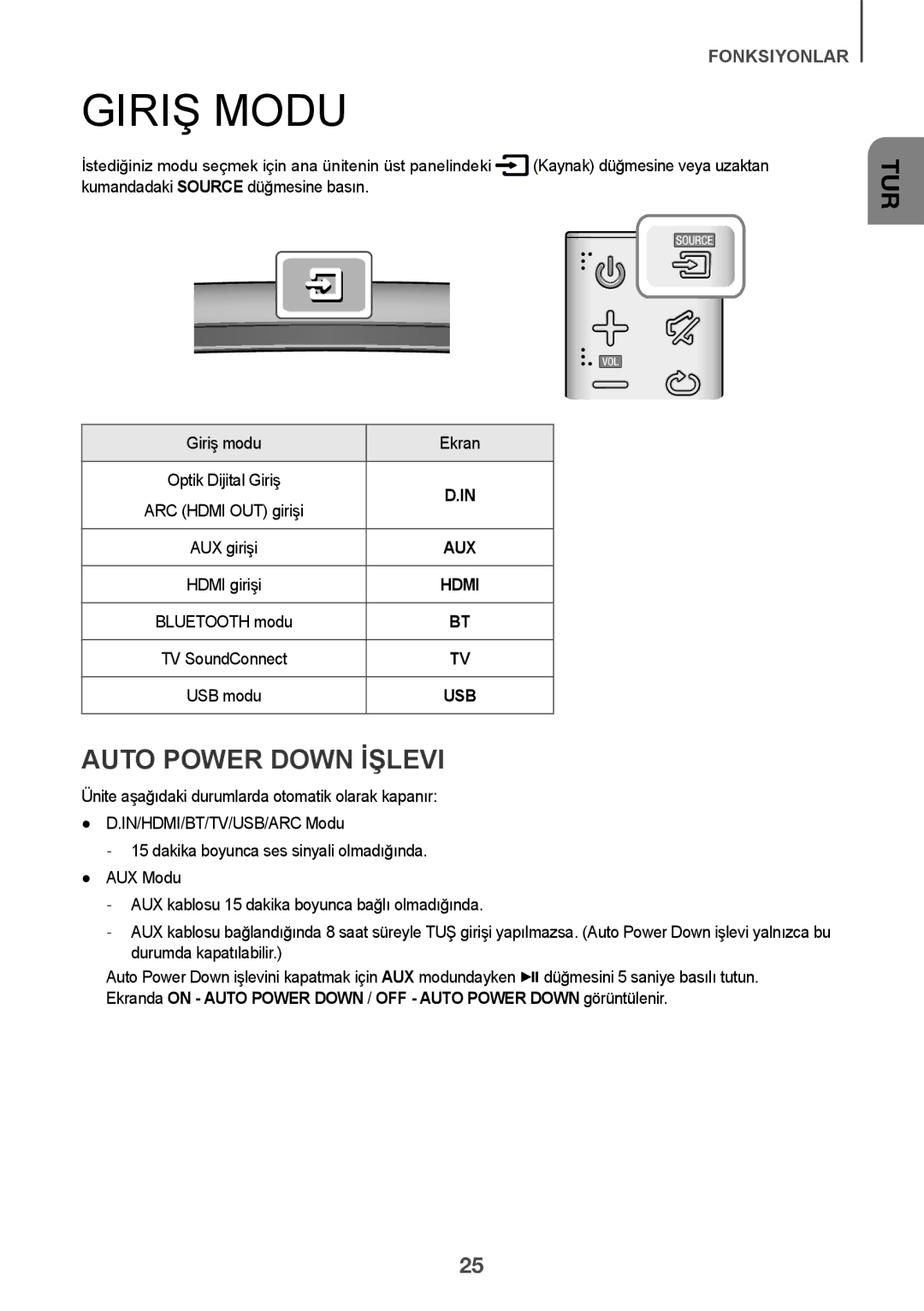 Samsung HW-J7501/EN manual Giriş Modu, Auto Power Down İşlevi, Giriş modu Ekran 