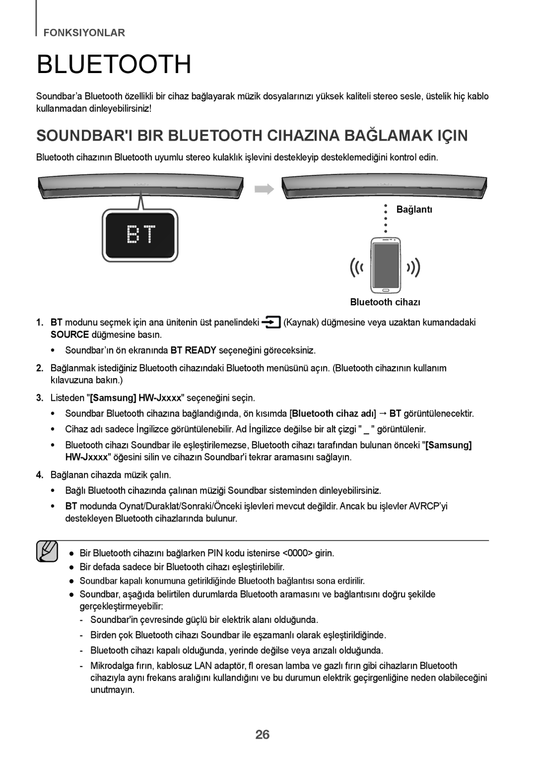 Samsung HW-J7501/EN manual Soundbari BIR Bluetooth Cihazina Bağlamak Için, Bağlantı Bluetooth cihazı 