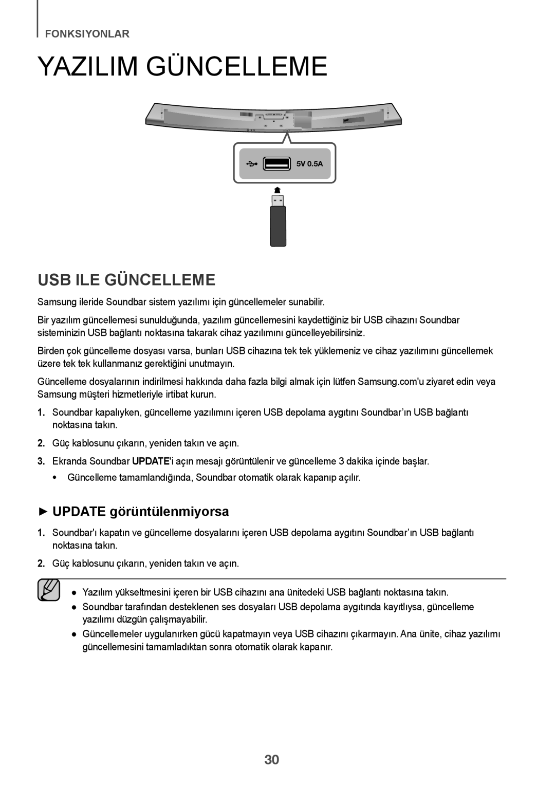 Samsung HW-J7501/EN manual Yazilim Güncelleme, USB ILE Güncelleme, ++UPDATE görüntülenmiyorsa 