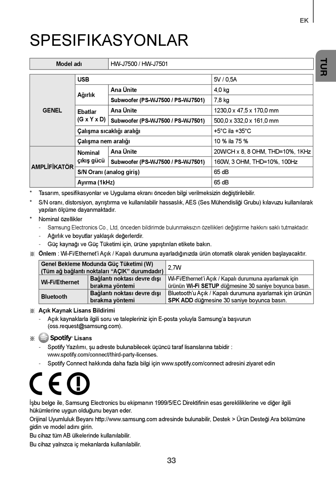 Samsung HW-J7501/EN manual Spesifikasyonlar 