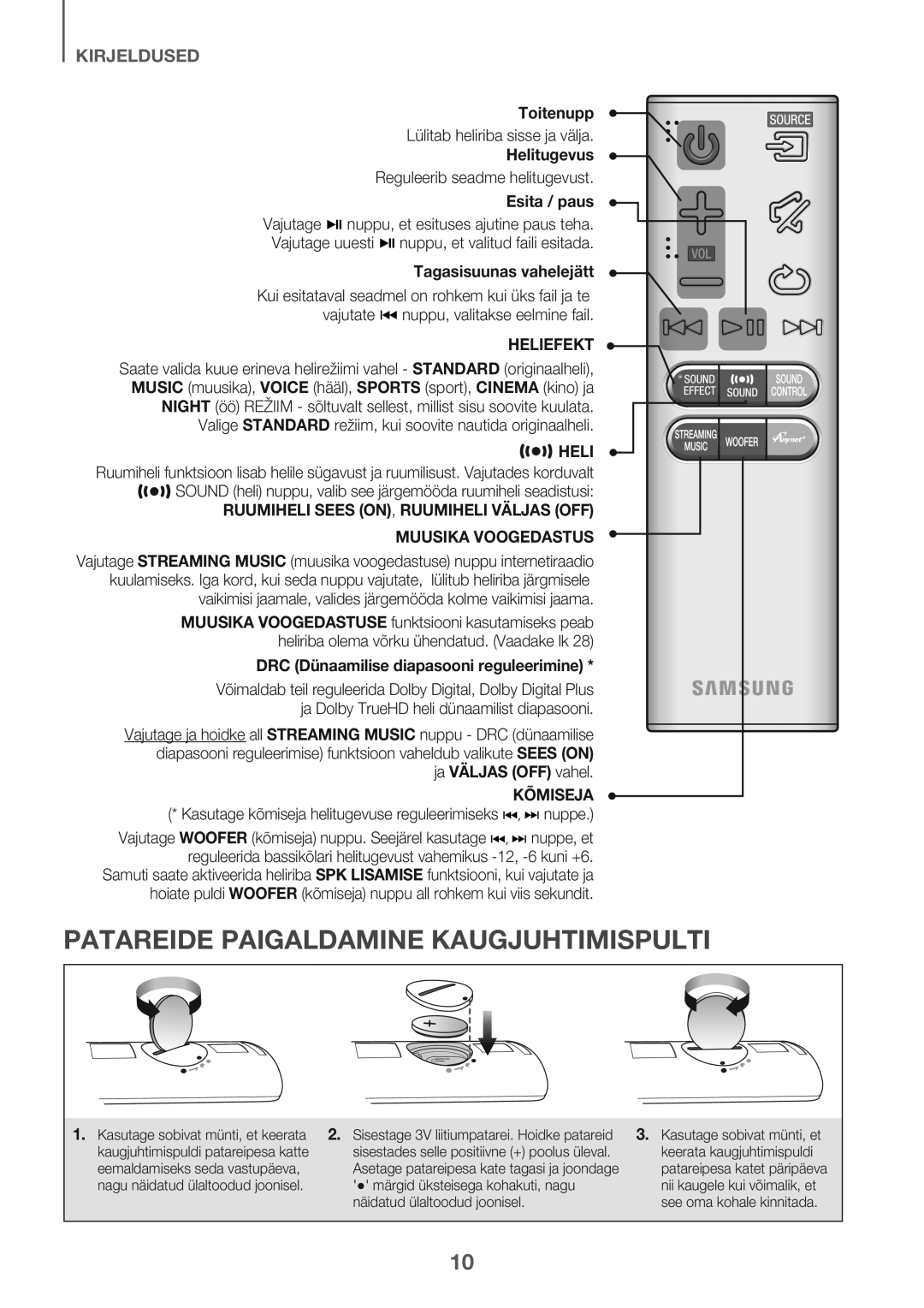 Samsung HW-J7501/EN manual Patareide Paigaldamine Kaugjuhtimispulti, Heliefekt 