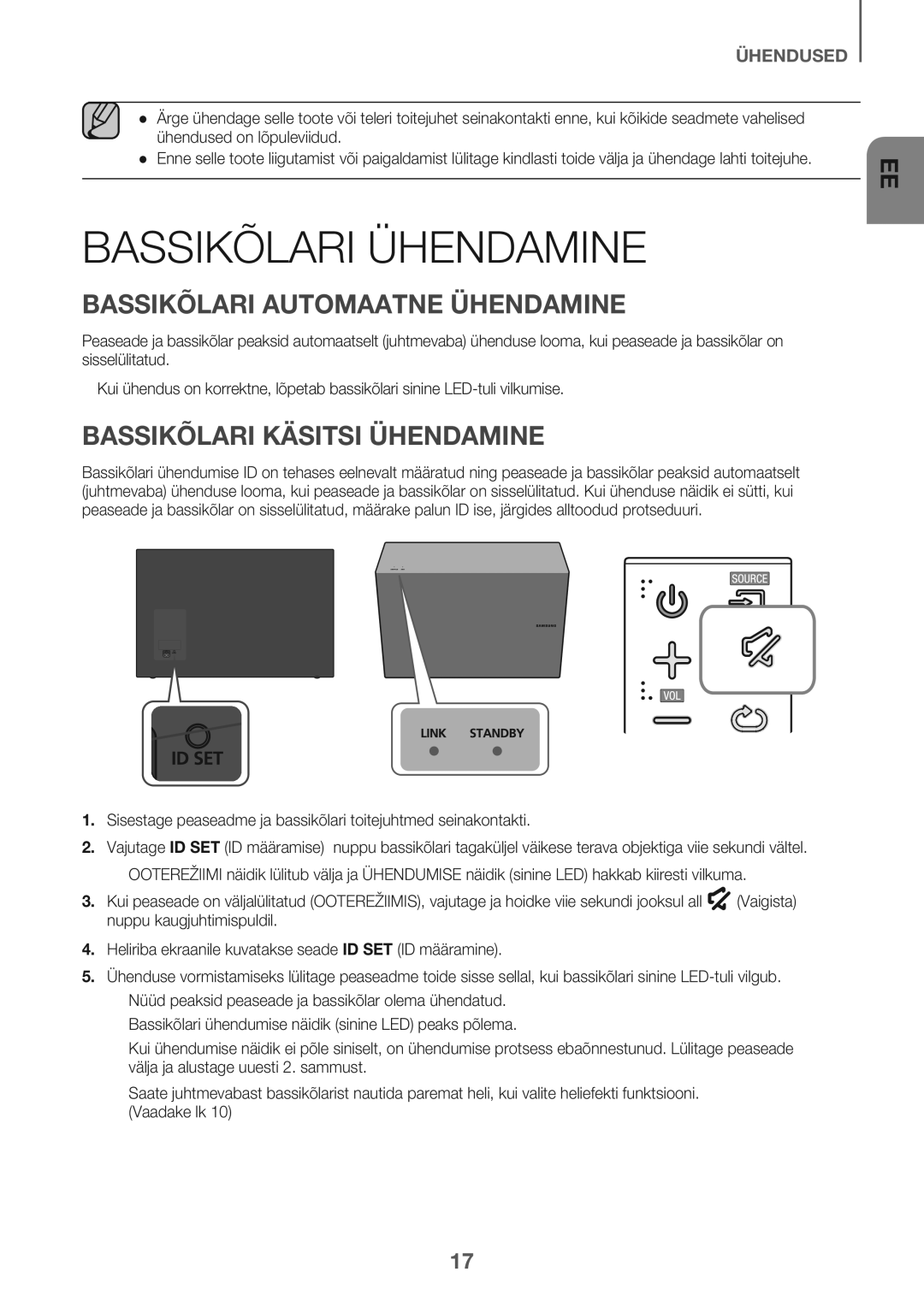 Samsung HW-J7501/EN manual Bassikõlari Ühendamine, Bassikõlari Automaatne Ühendamine, Bassikõlari Käsitsi Ühendamine 