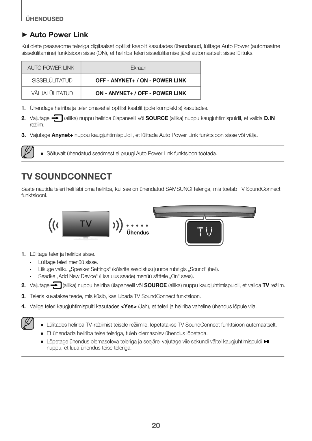 Samsung HW-J7501/EN TV Soundconnect, + Auto Power Link, OFF ANYNET+ / on Power Link, On ANYNET+ / OFF Power Link, Ühendus 