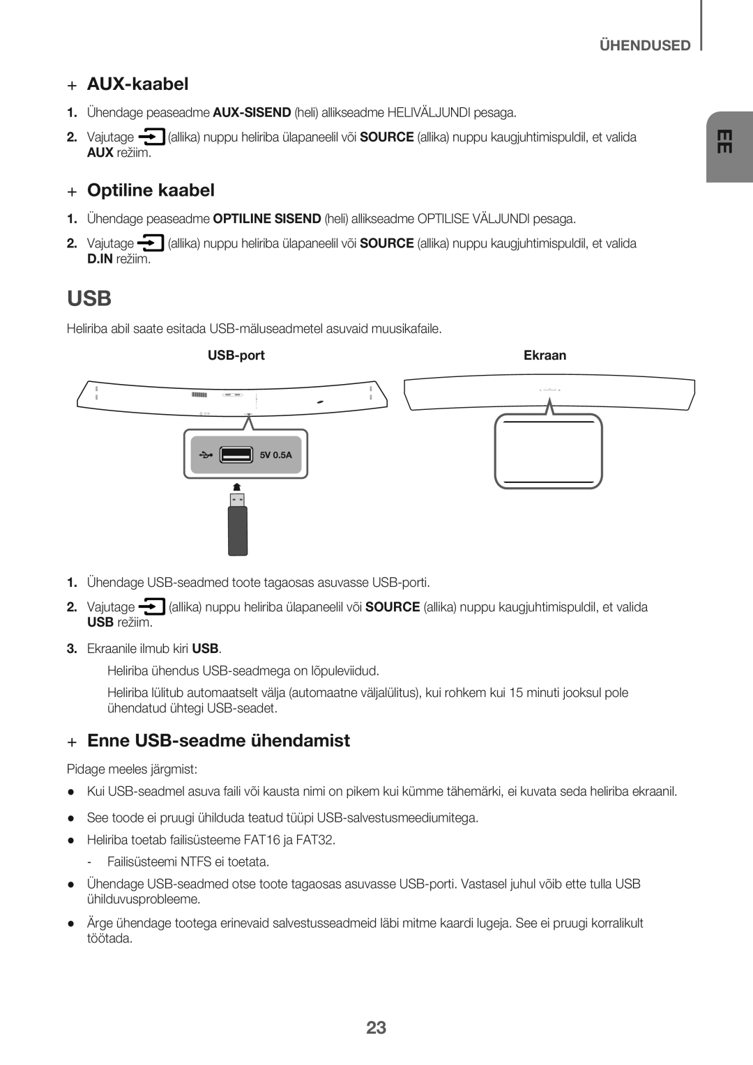 Samsung HW-J7501/EN manual Usb, + AUX-kaabel, + Optiline kaabel, + Enne USB-seadme ühendamist, USB-port 