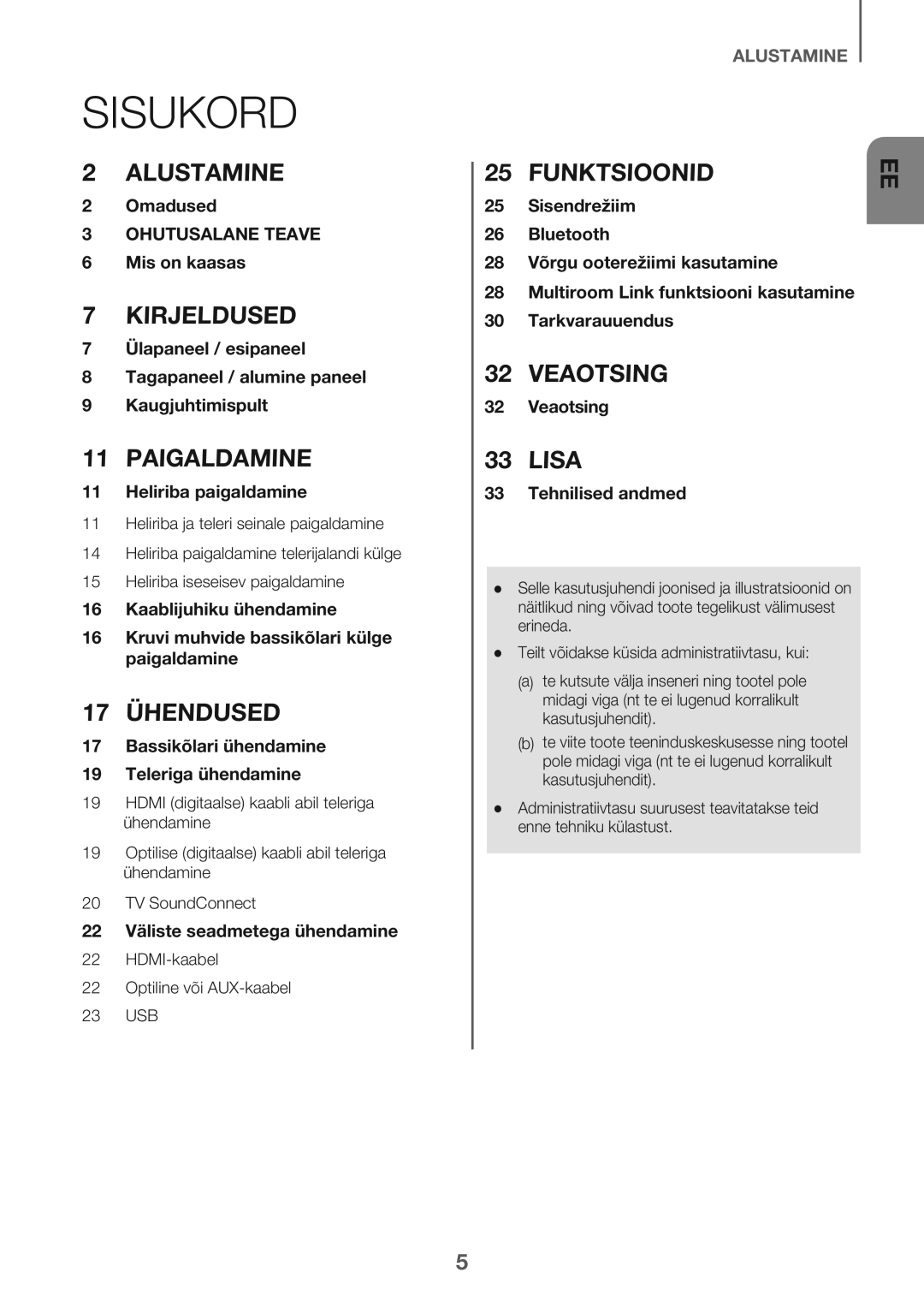 Samsung HW-J7501/EN manual Sisukord, Paigaldamine 