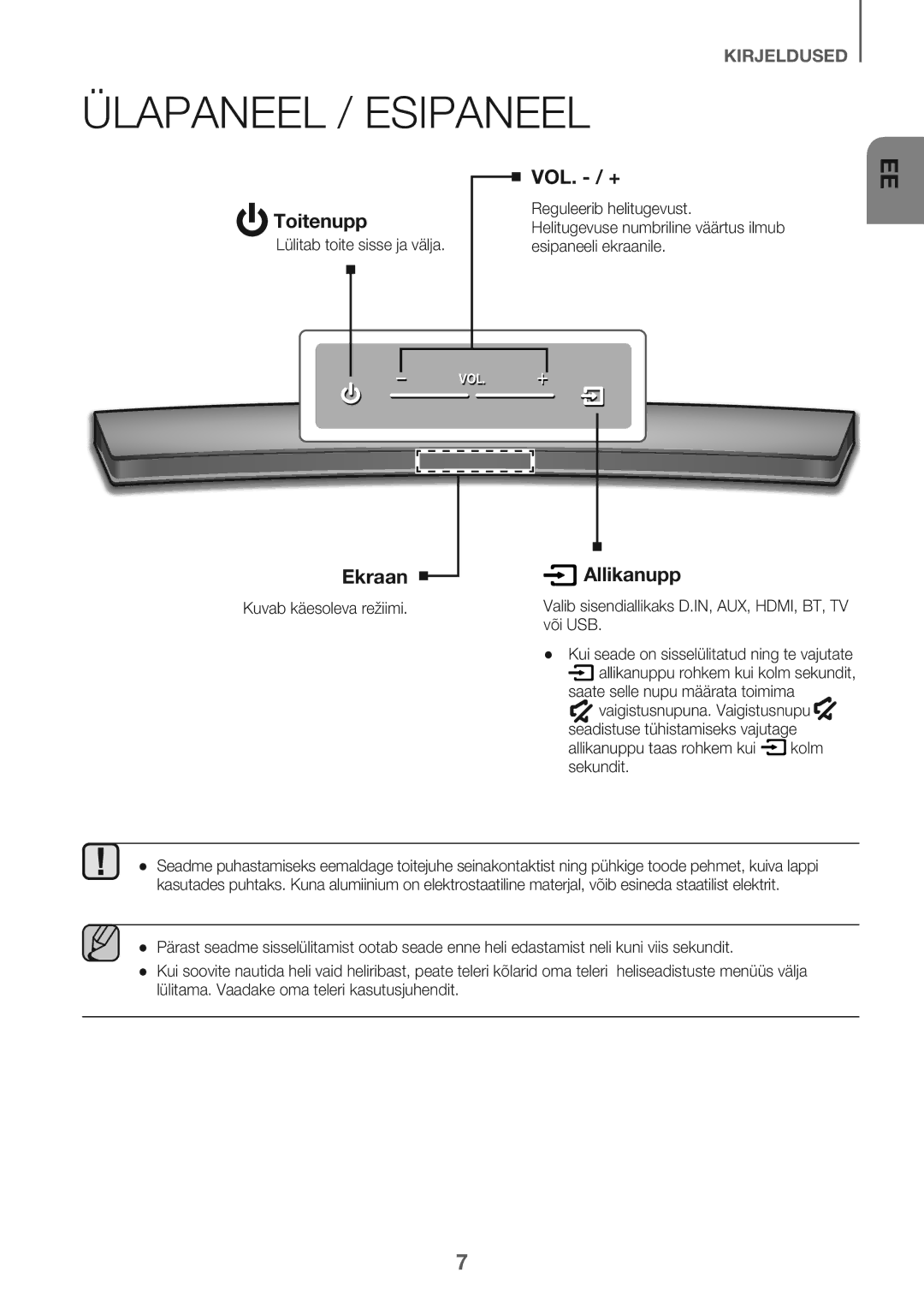 Samsung HW-J7501/EN Ülapaneel / Esipaneel, Reguleerib helitugevust, Lülitab toite sisse ja välja Esipaneeli ekraanile 