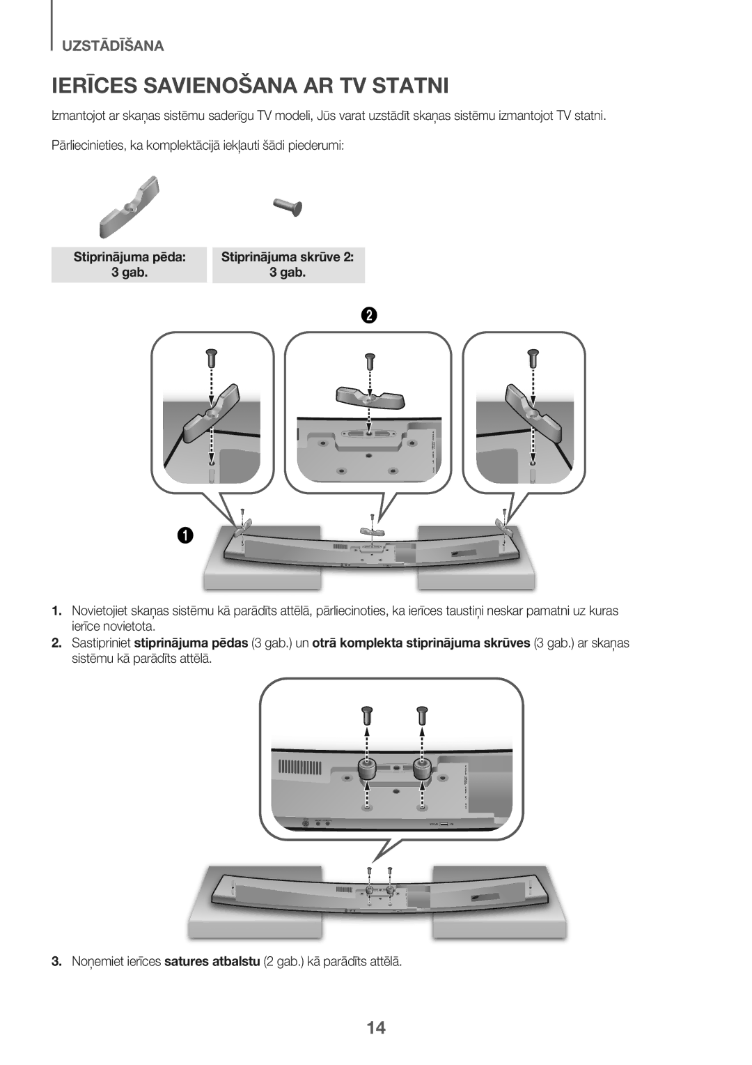 Samsung HW-J7501/EN manual Ierīces Savienošana AR TV Statni, Stiprinājuma pēda Gab Stiprinājuma skrūve 