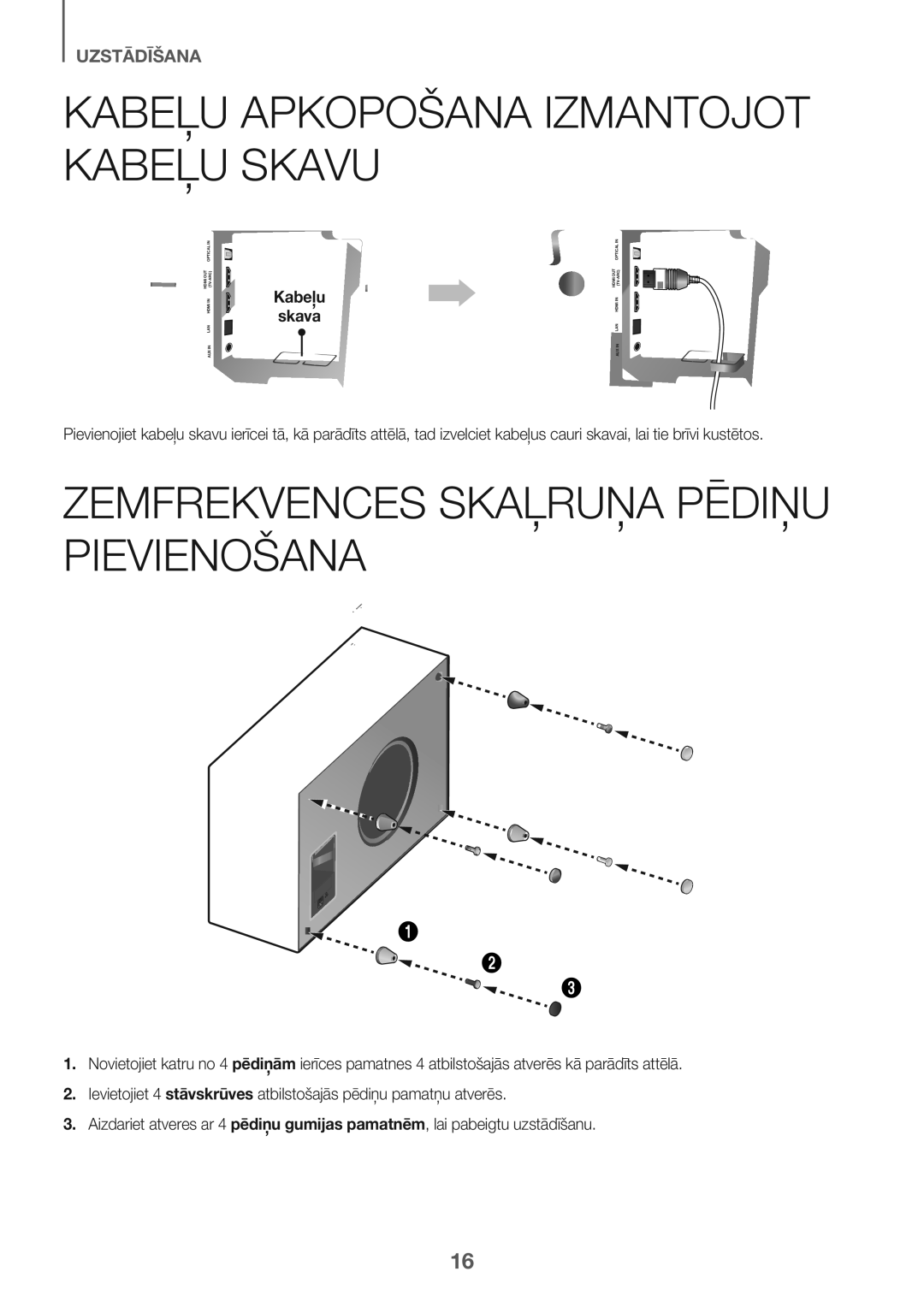 Samsung HW-J7501/EN Kabeļu Apkopošana Izmantojot Kabeļu Skavu, Zemfrekvences Skaļruņa Pēdiņu Pievienošana, Kabeļu Skava 