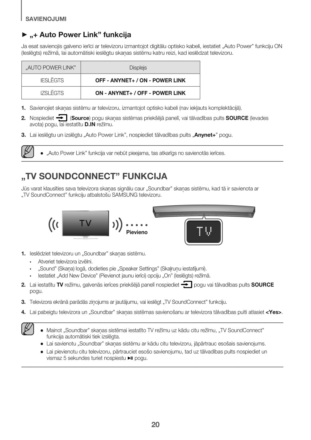 Samsung HW-J7501/EN manual „TV Soundconnect Funkcija, + „+ Auto Power Link funkcija, OFF ANYNET+ / on Power Link, Pievieno 