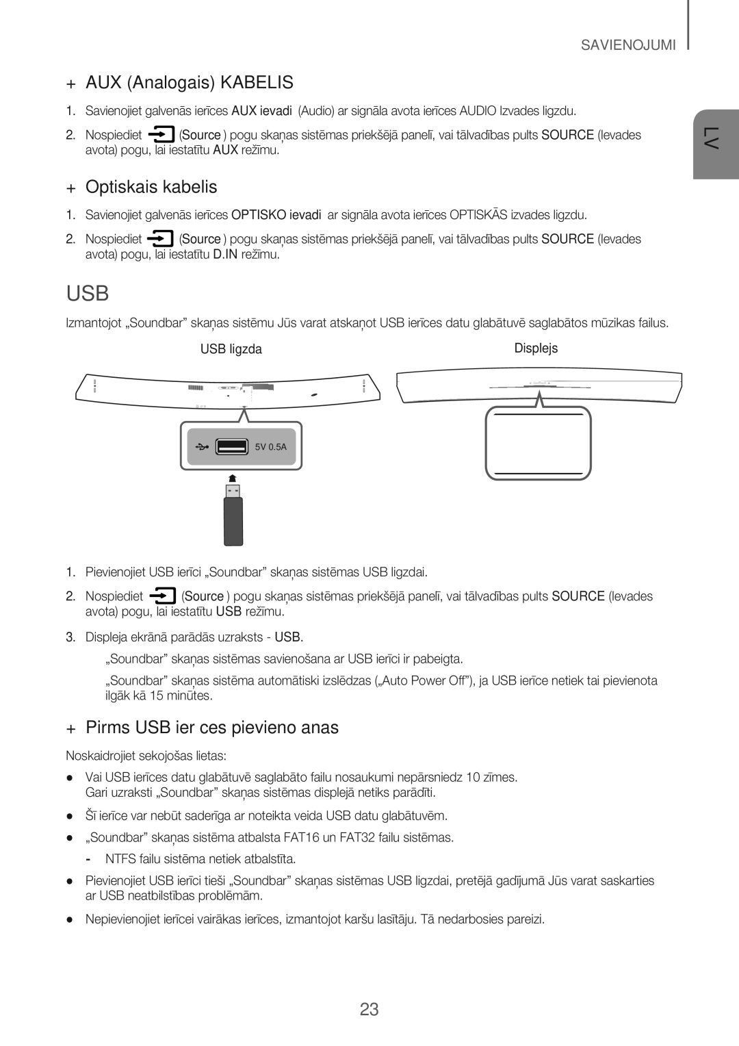 Samsung HW-J7501/EN manual Usb, + AUX Analogais Kabelis, + Optiskais kabelis, + Pirms USB ierīces pievienošanas, USB ligzda 