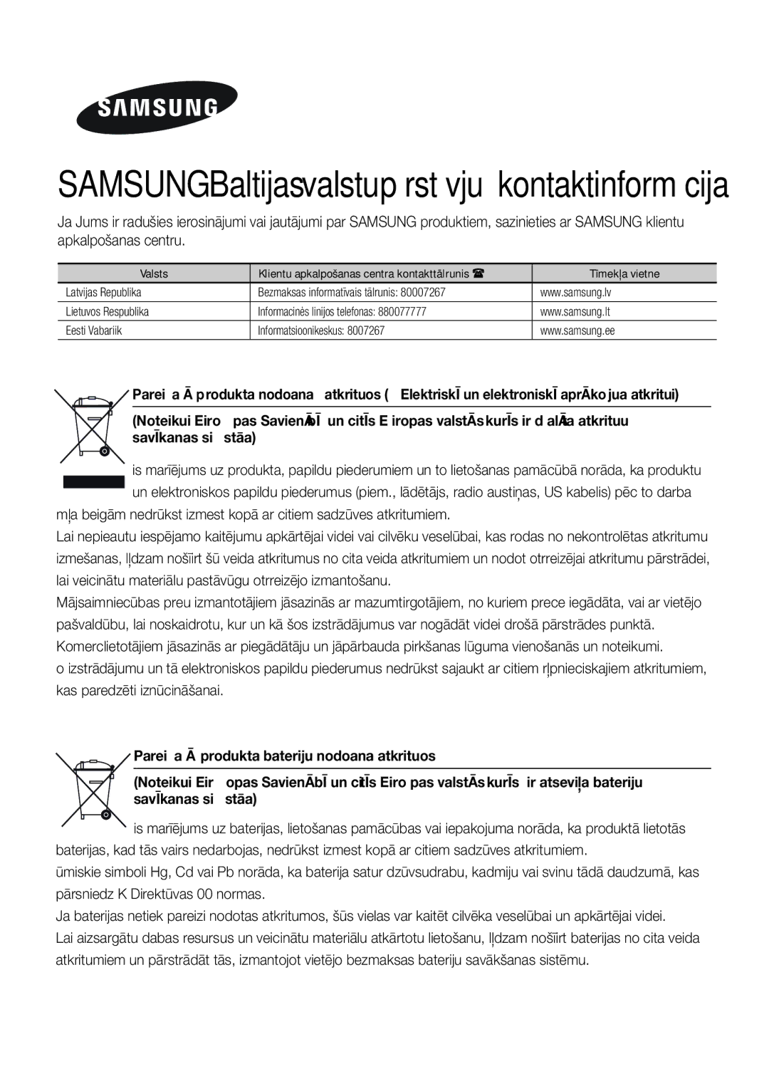 Samsung HW-J7501/EN manual Samsung Baltijas valstu pārstāvju kontaktinformācija 