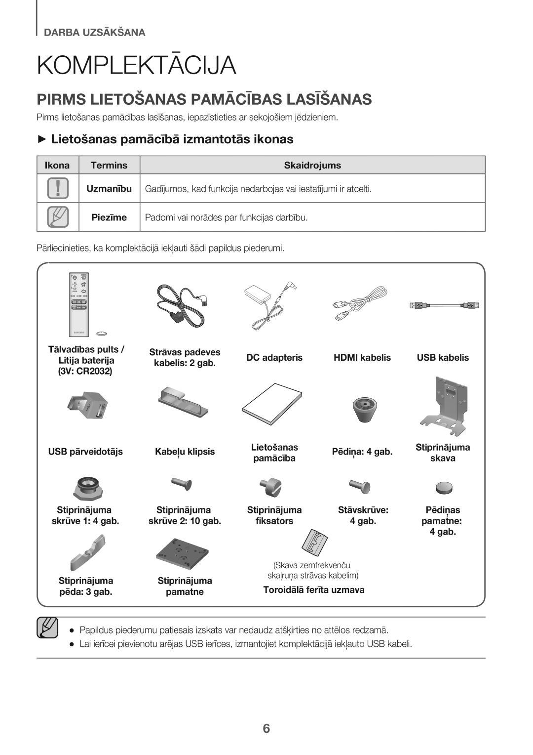 Samsung HW-J7501/EN manual Komplektācija, Pirms Lietošanas Pamācības Lasīšanas, + Lietošanas pamācībā izmantotās ikonas 