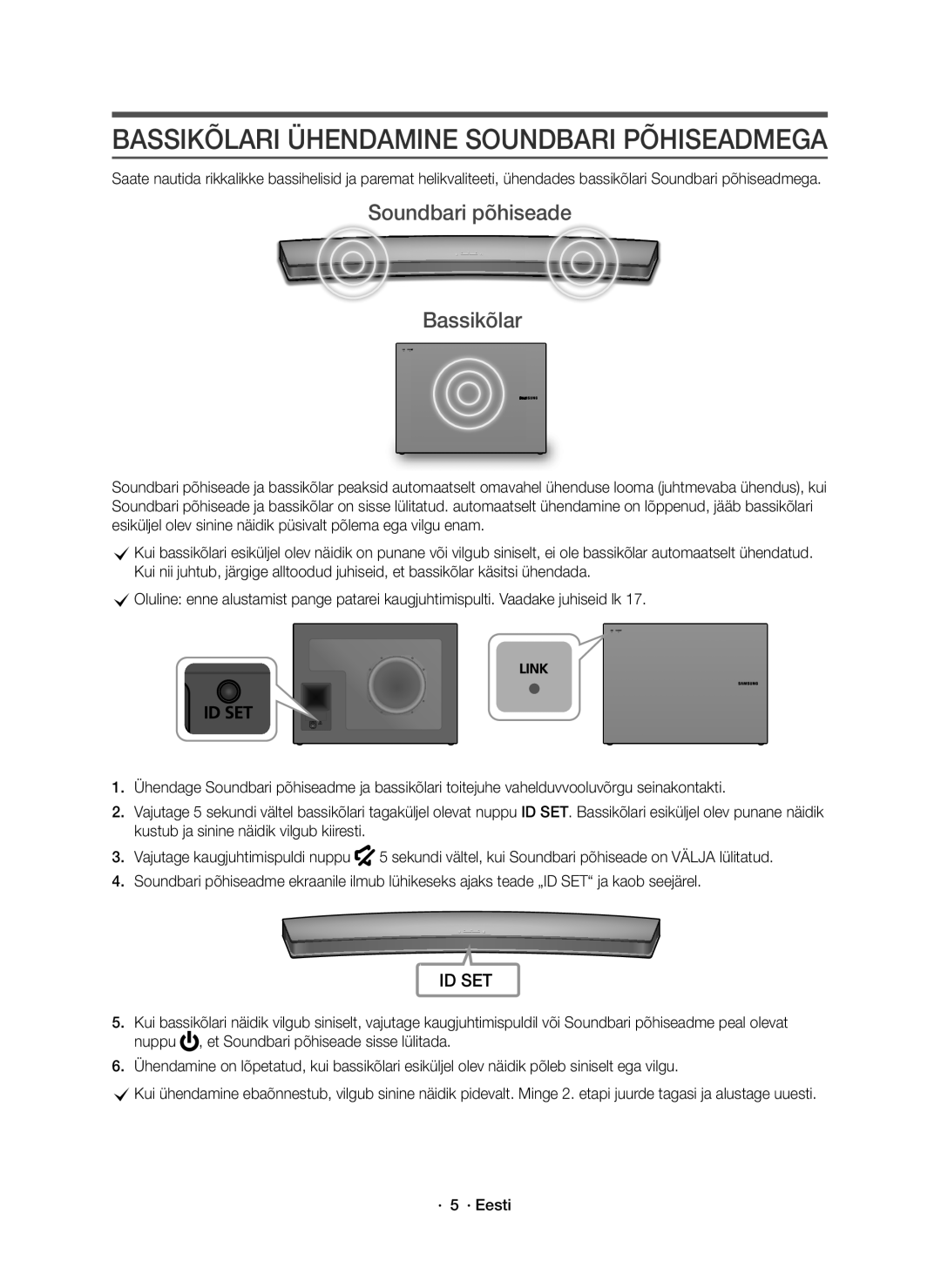 Samsung HW-J7501R/EN, HW-J7500R/EN manual Bassikõlari Ühendamine Soundbari Põhiseadmega, Soundbari põhiseade Bassikõlar 