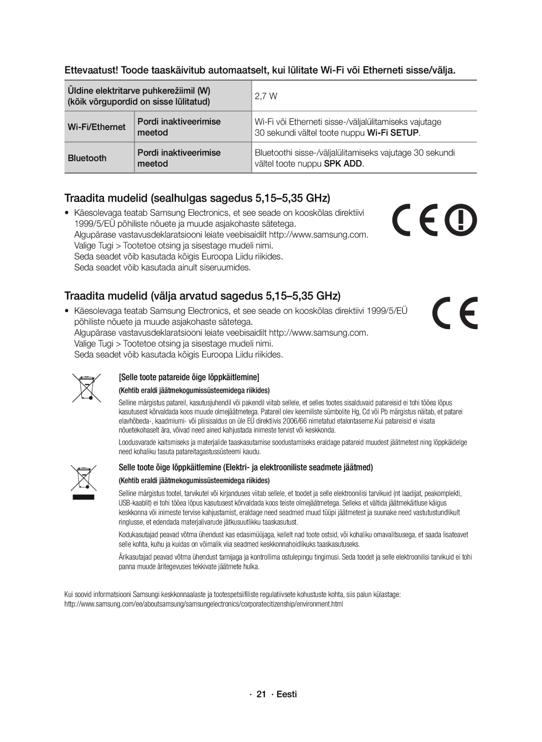 Samsung HW-J7500R/EN, HW-J7501R/EN, HW-J7500R/XN manual Traadita mudelid sealhulgas sagedus 5,15-5,35 GHz, · 21 · Eesti 