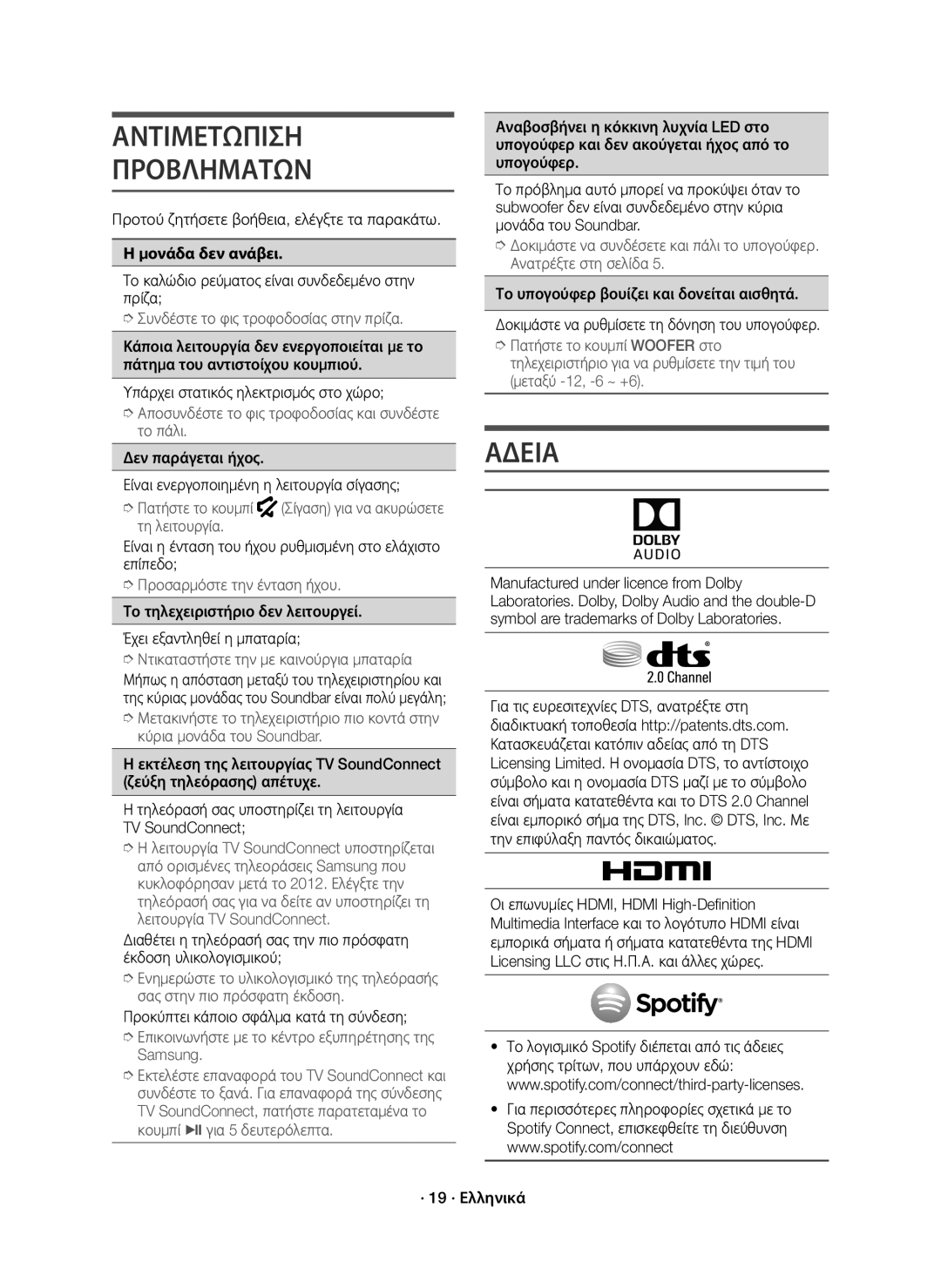 Samsung HW-J7501R/EN, HW-J7500R/EN, HW-J7500R/XN manual Αντιμετωπιση Προβληματων, Αδεια 