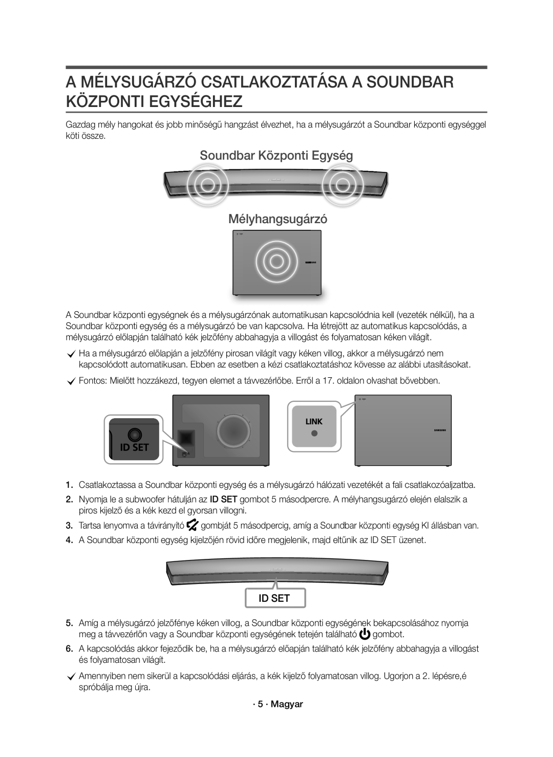 Samsung HW-J7501R/EN Mélysugárzó Csatlakoztatása a Soundbar Központi Egységhez, Soundbar Központi Egység Mélyhangsugárzó 