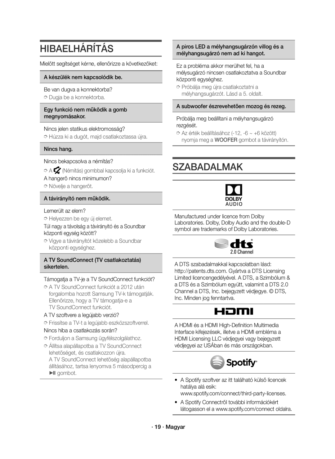 Samsung HW-J7500R/XN, HW-J7501R/EN, HW-J7500R/EN manual Hibaelhárítás, Szabadalmak 