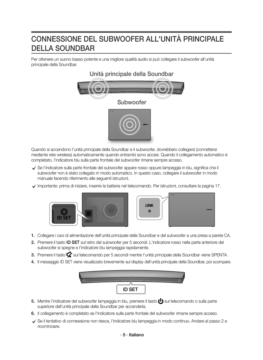 Samsung HW-J7500R/XN, HW-J7501R/EN, HW-J7500R/EN manual Connessione DEL Subwoofer Allunità Principale Della Soundbar 