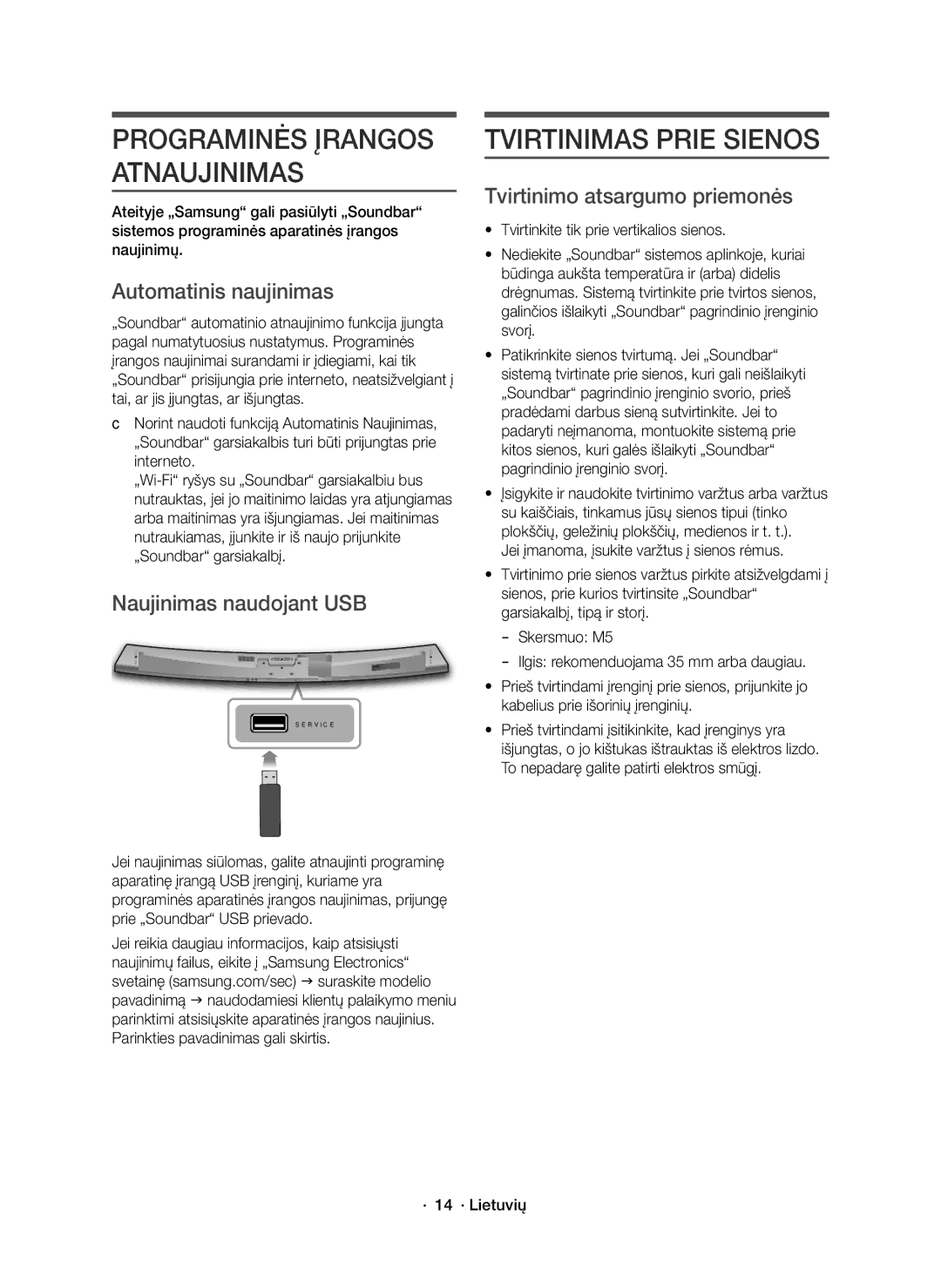 Samsung HW-J7501R/EN manual Tvirtinimas Prie Sienos, Automatinis naujinimas, Naujinimas naudojant USB, · 14 · Lietuvių 